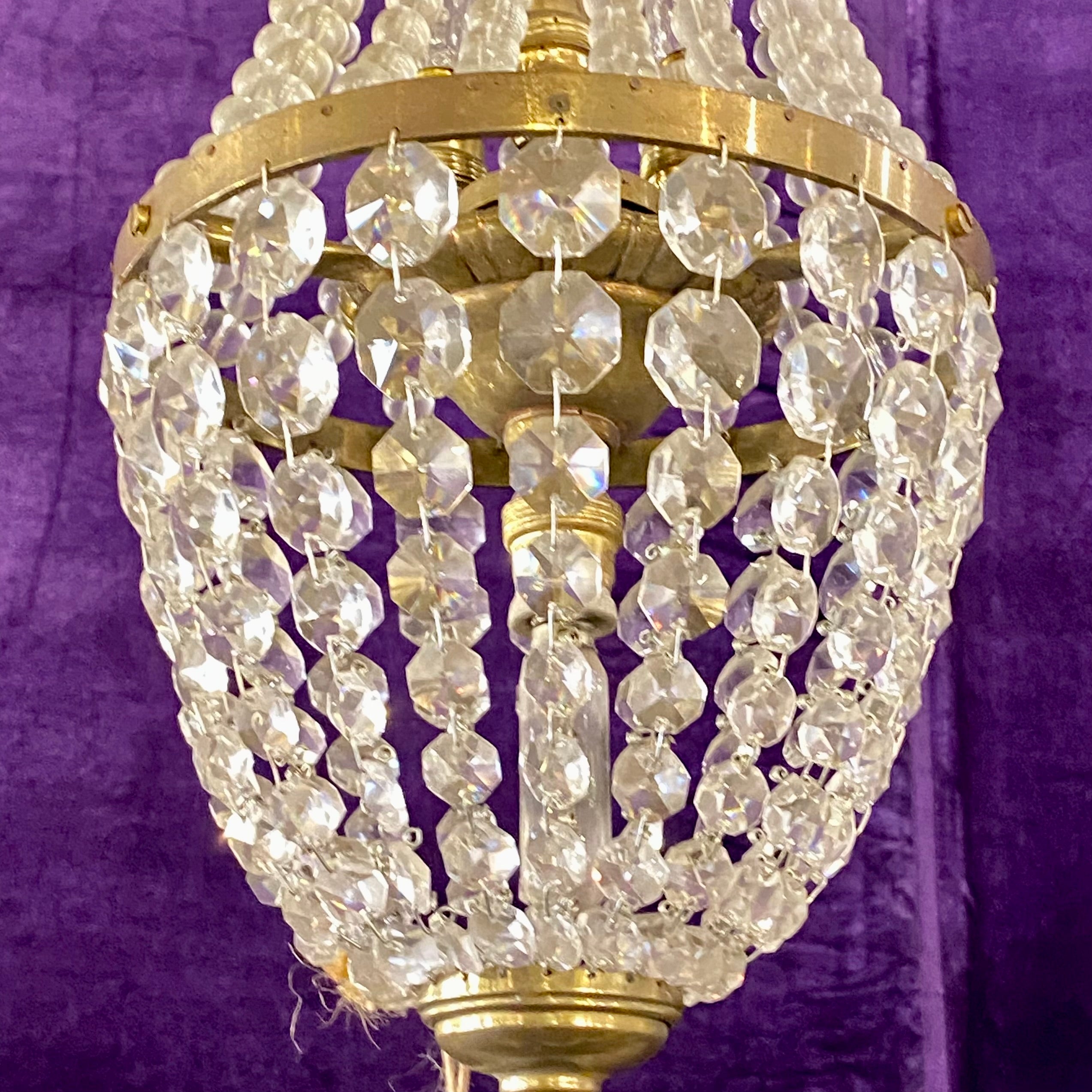 Small Brass and Crystal Neoclassical Chandelier