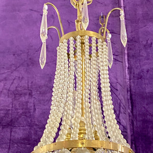 Small Brass and Crystal Neoclassical Chandelier