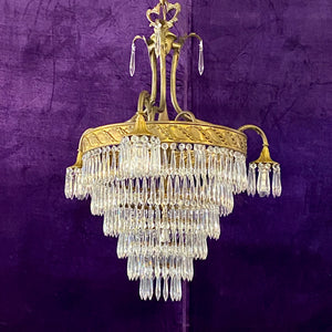 Antique Brass and Crystal Waterfall Chandelier