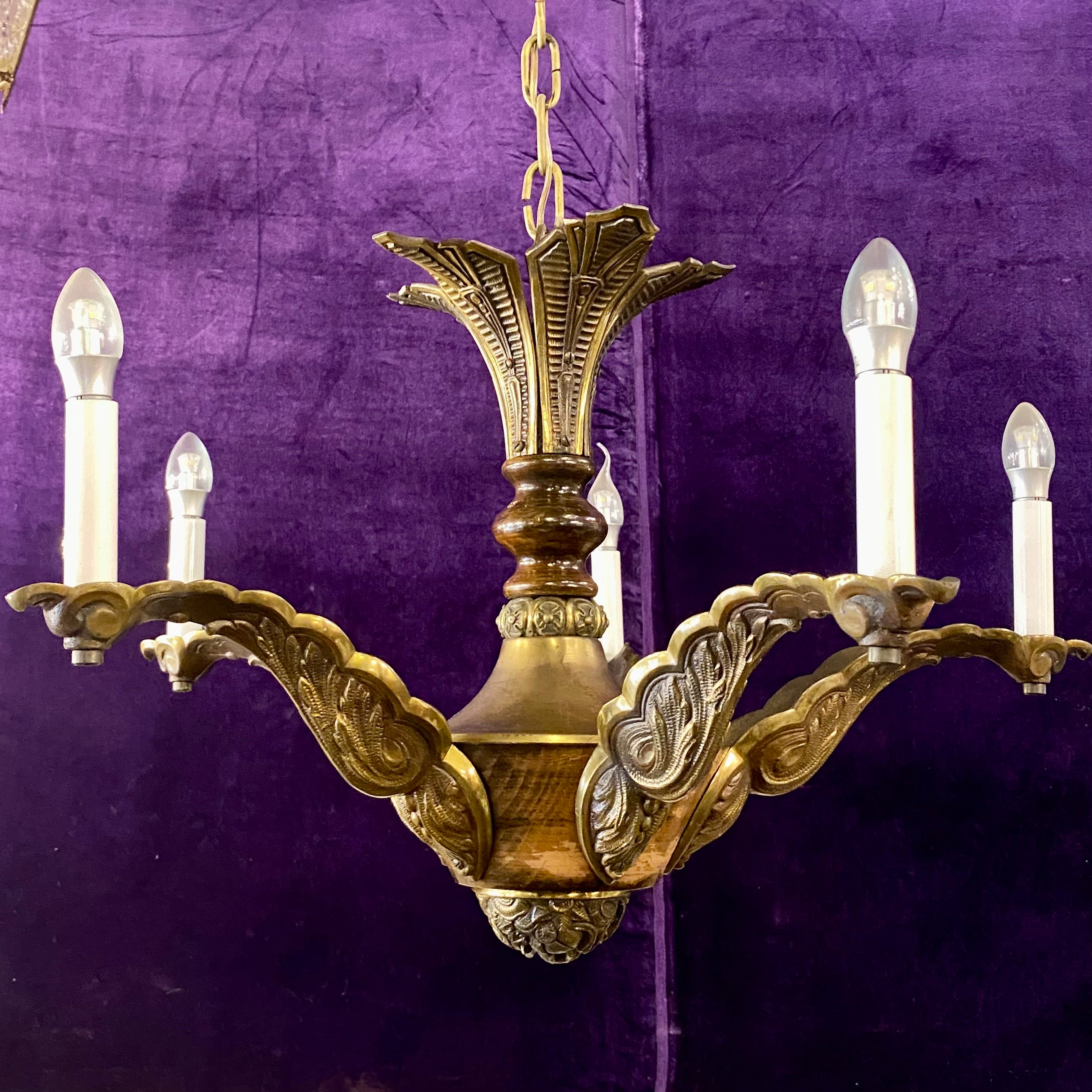 Victorian Brass and Wood Chandelier