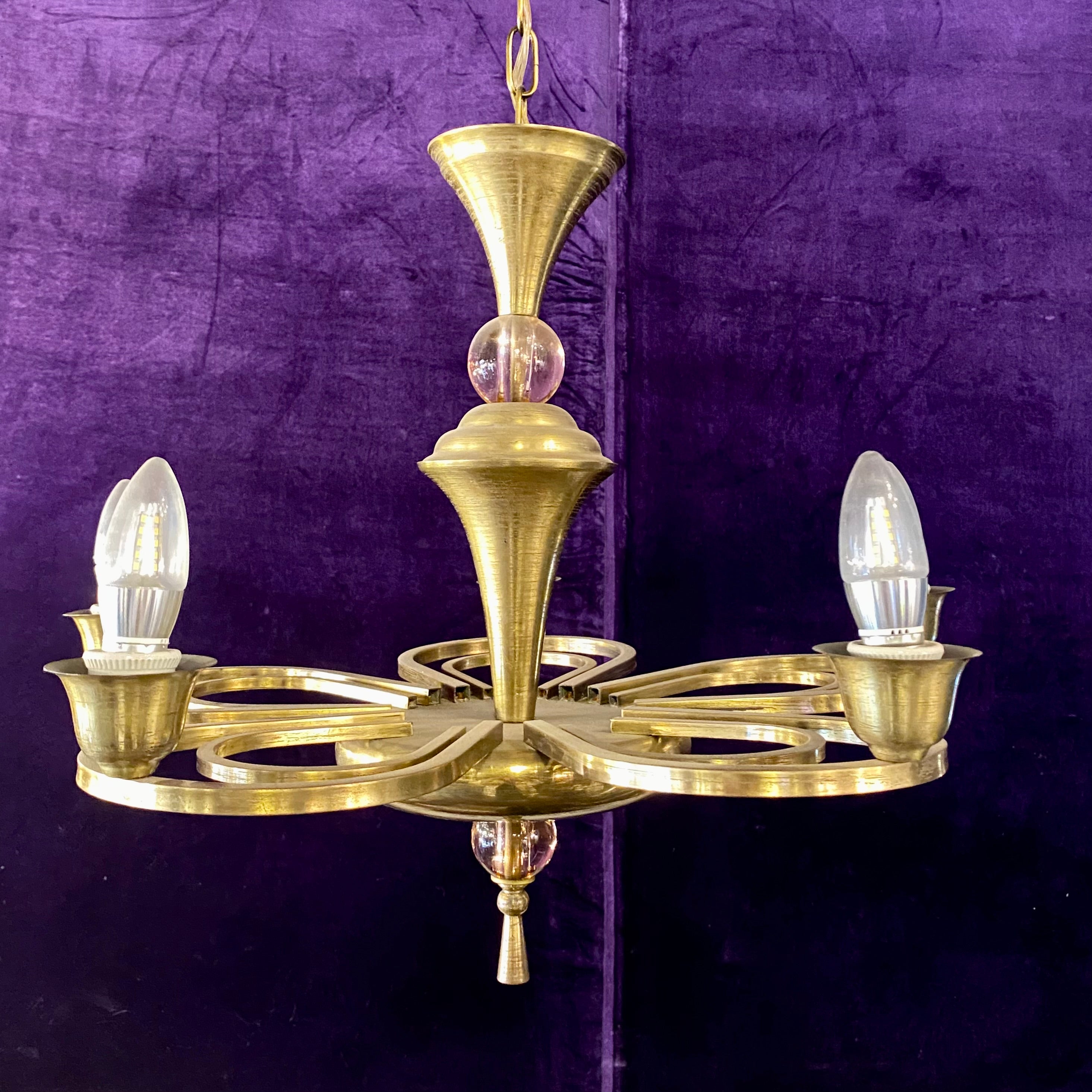 Art Deco Brass Chandelier with Pretty Violet Glass Detail