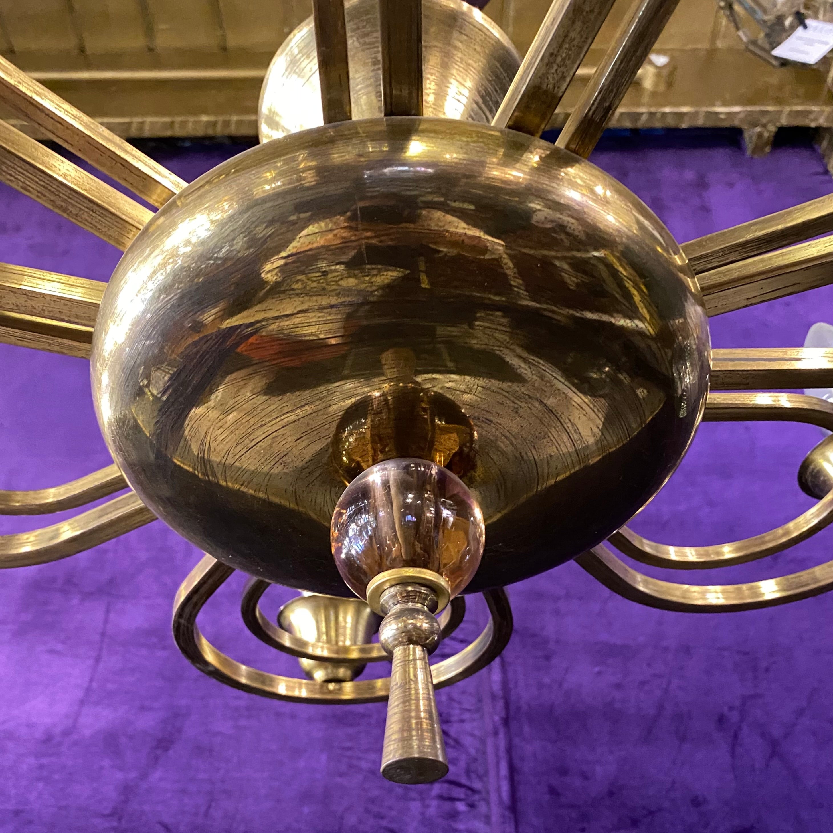 Art Deco Brass Chandelier with Pretty Violet Glass Detail – Delos