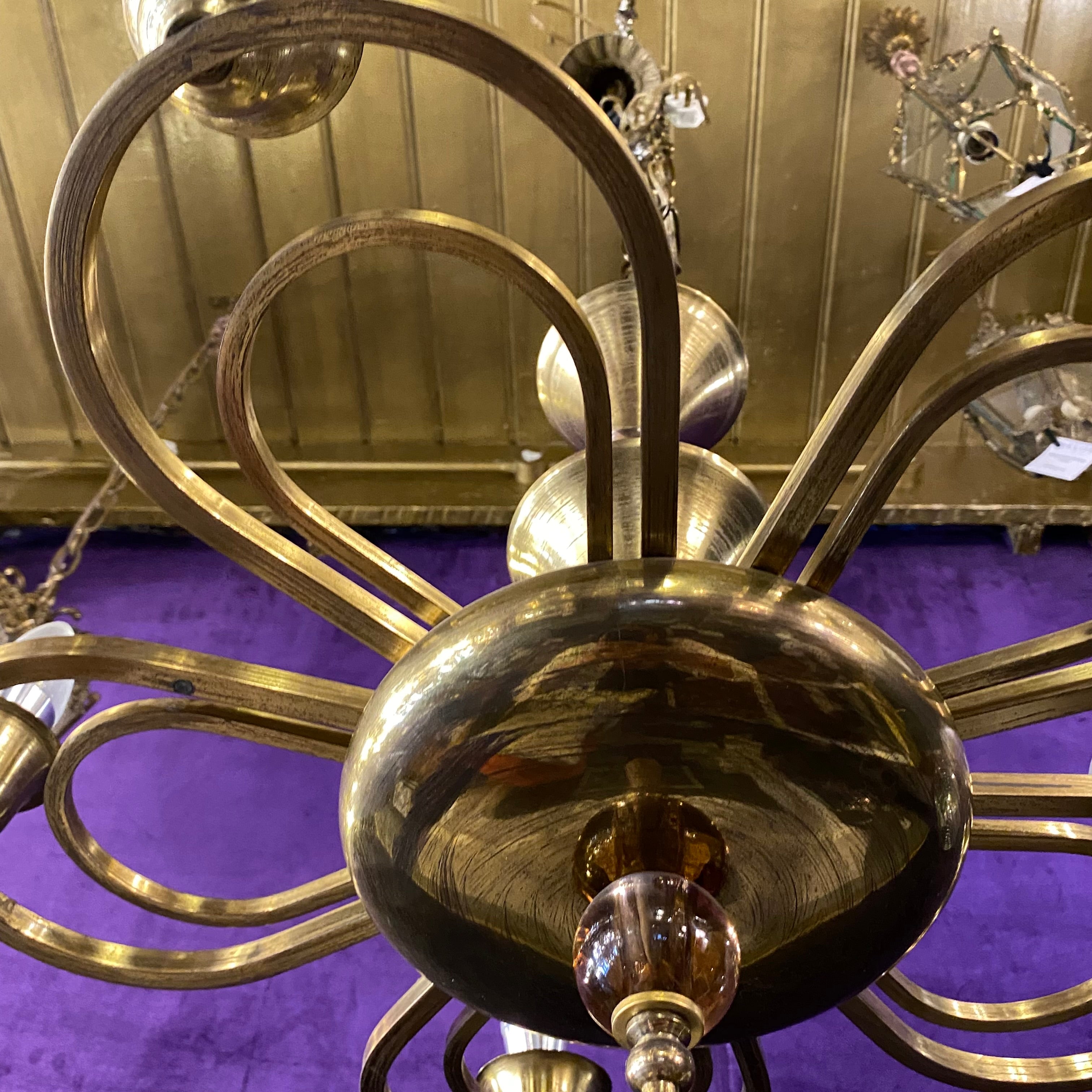 Art Deco Brass Chandelier with Pretty Violet Glass Detail – Delos