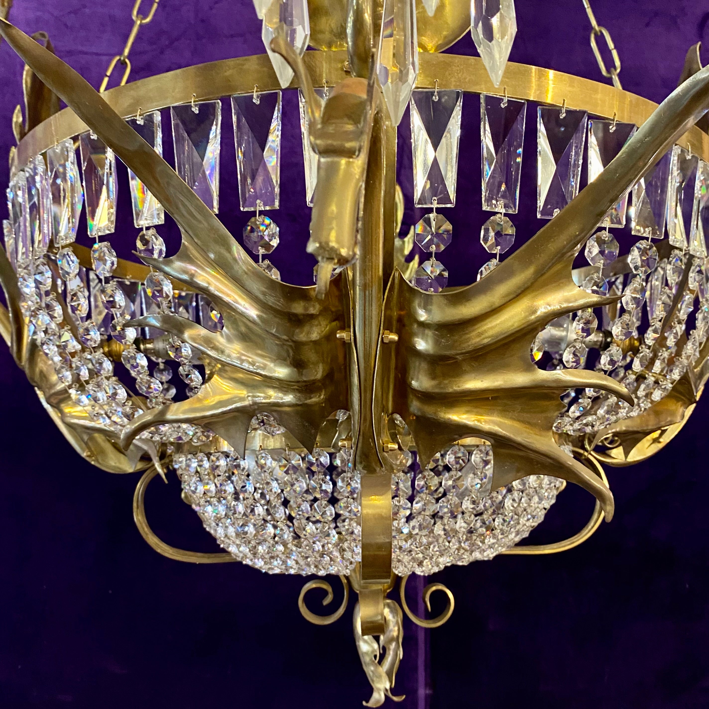 Delos Custom Made Brass and Crystal Dragon Chandelier