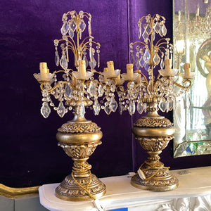 Pair of Antique Gilt Wood Candelabras with Original Crystals