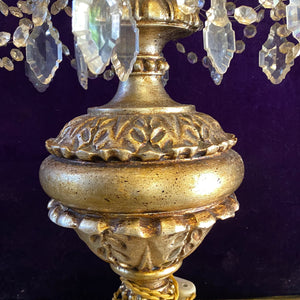 Pair of Antique Gilt Wood Candelabras with Original Crystals