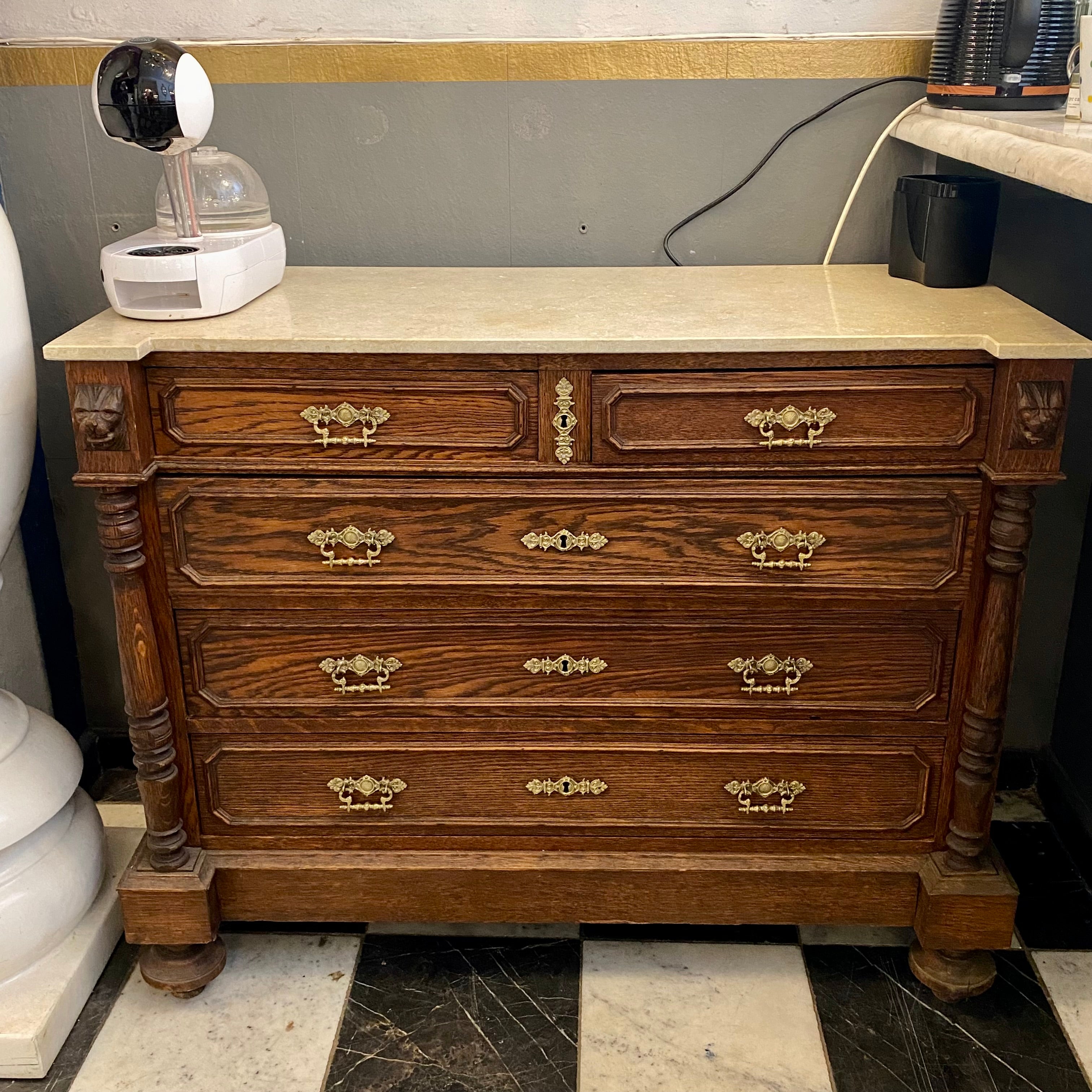 Beautiful Antique Oak Cabinet with Creme Marble Top