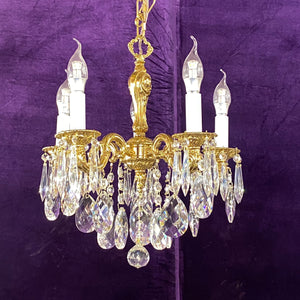 Dainty Antique Brass and Crystal Chandelier