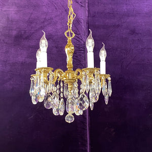 Dainty Antique Brass and Crystal Chandelier