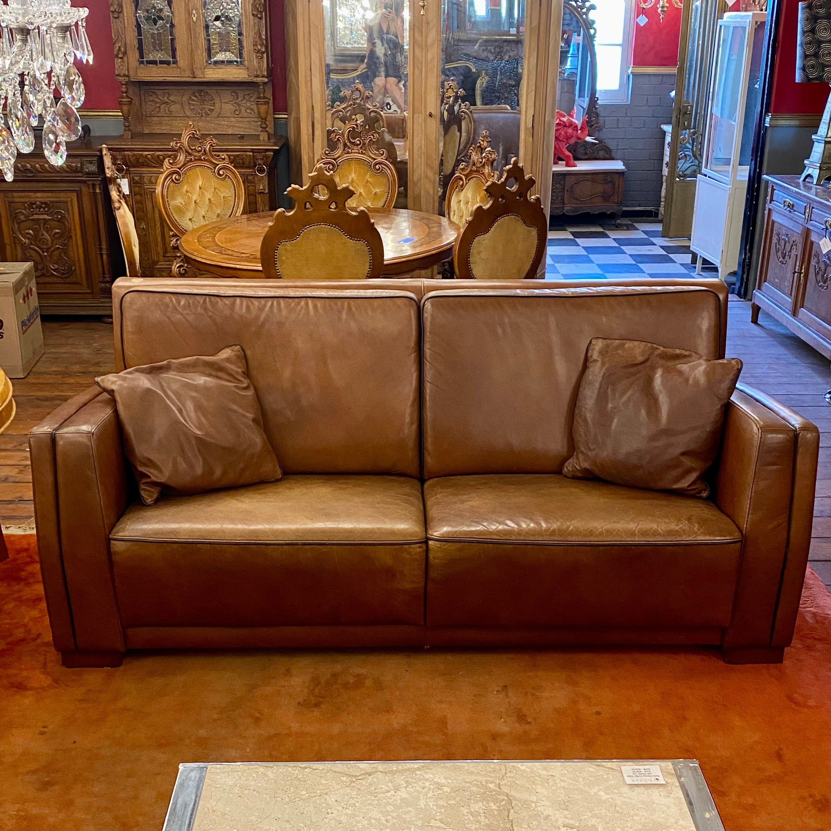 Art Deco Tan Leather Two Seater Sofa