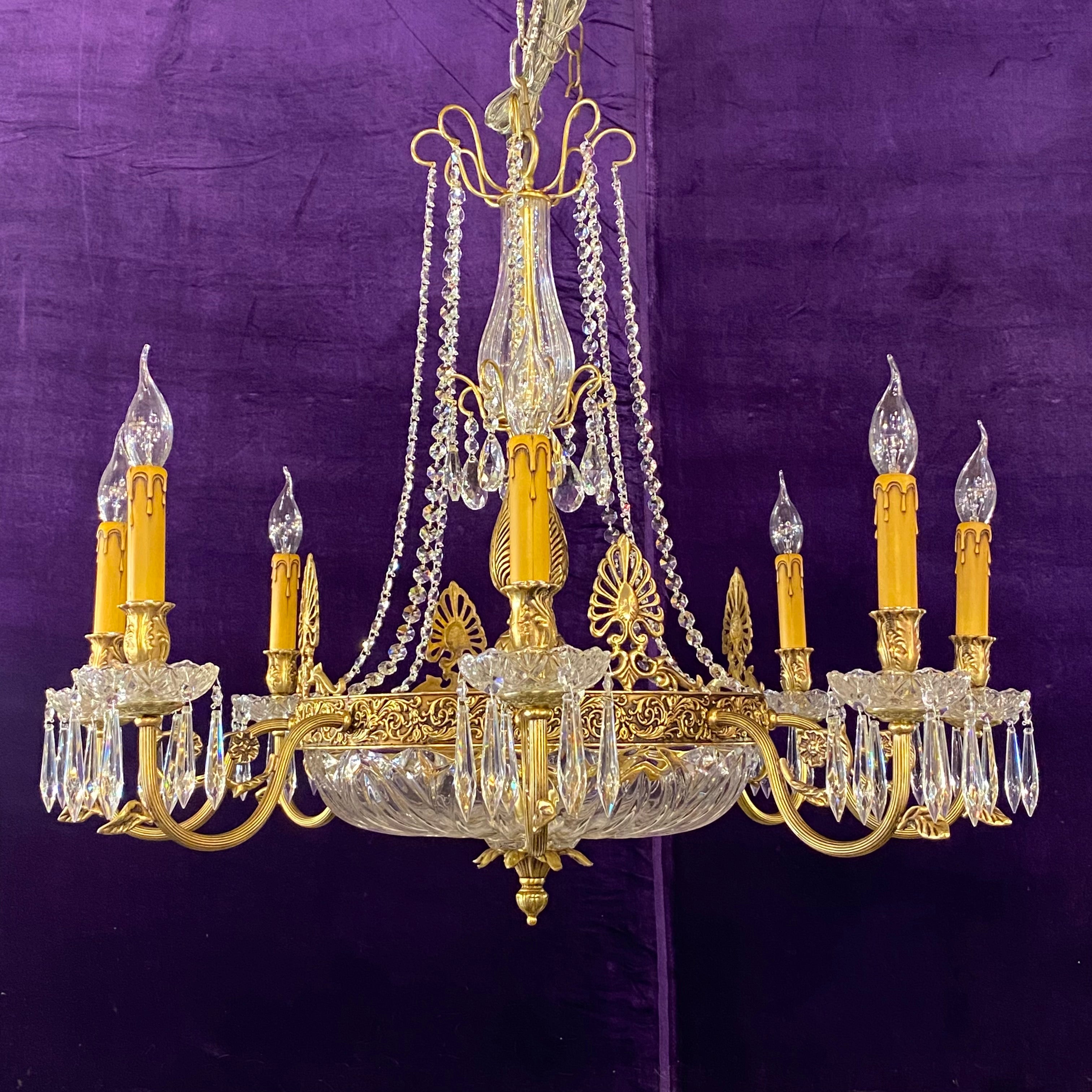 Brass & Crystal Neoclassical Chandelier with Cut Glass