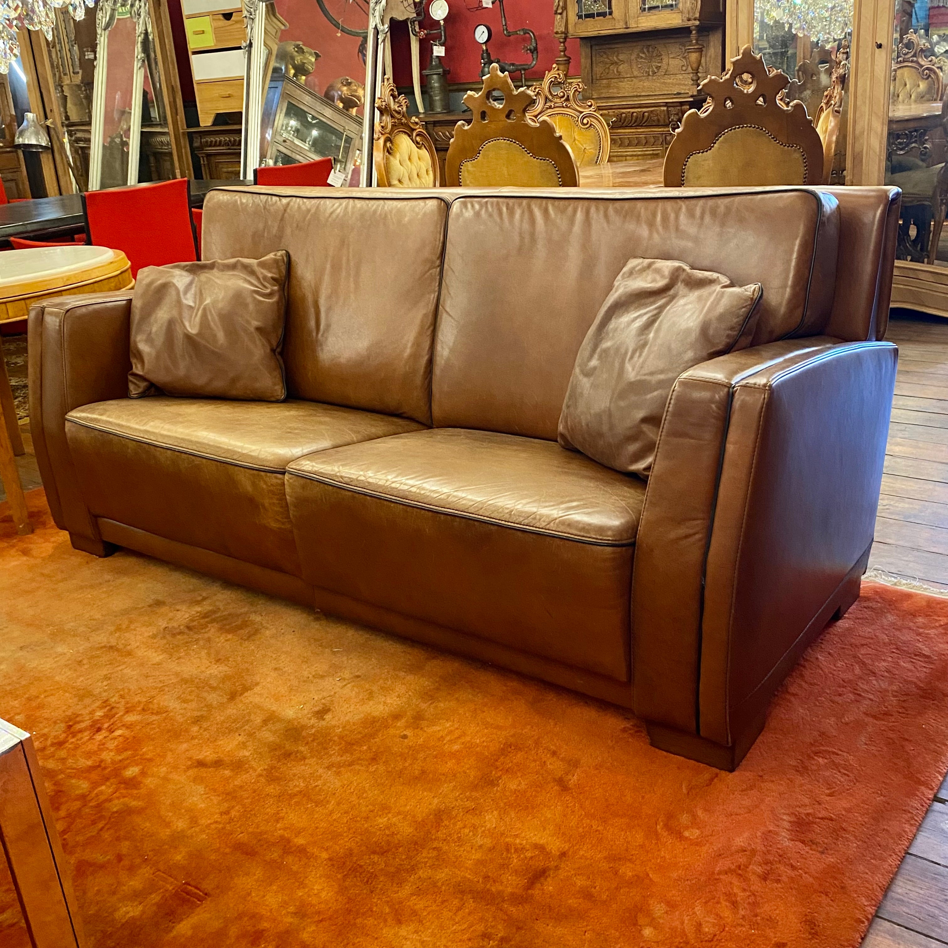 Art Deco Tan Leather Two Seater Sofa