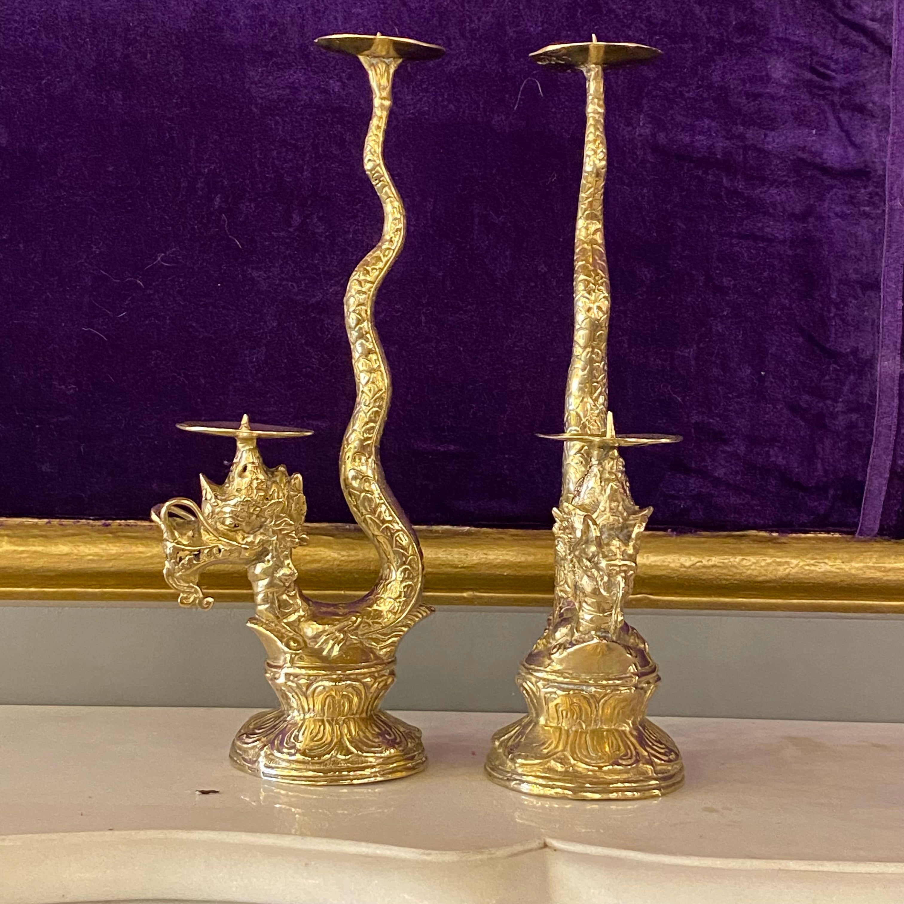 Pair of Polished Brass Dragon Candle Holders