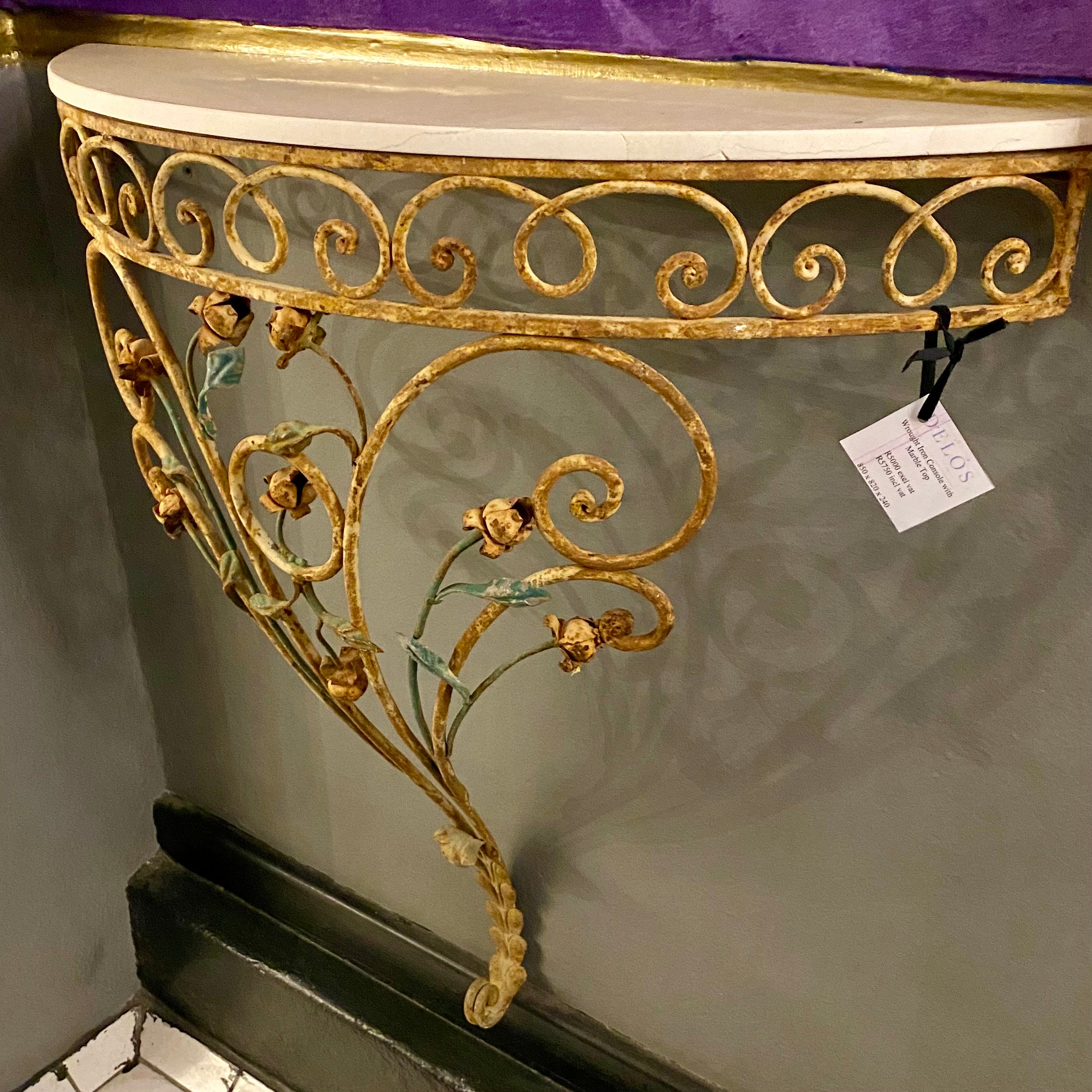 Distressed Wrought Iron Console with Marble Top