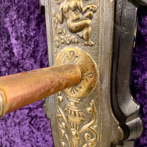 Pair of Antique Wall Sconces with Brass Cherub Detail & Wooden Back