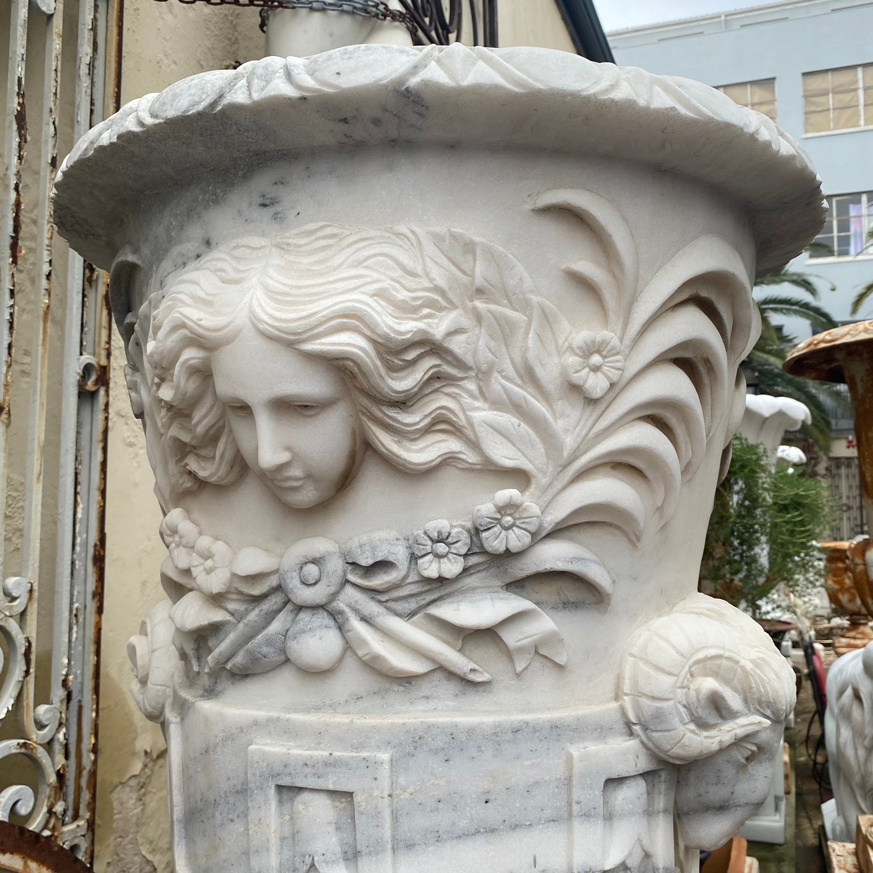 Unusual White Marble Urn with Ram Heads