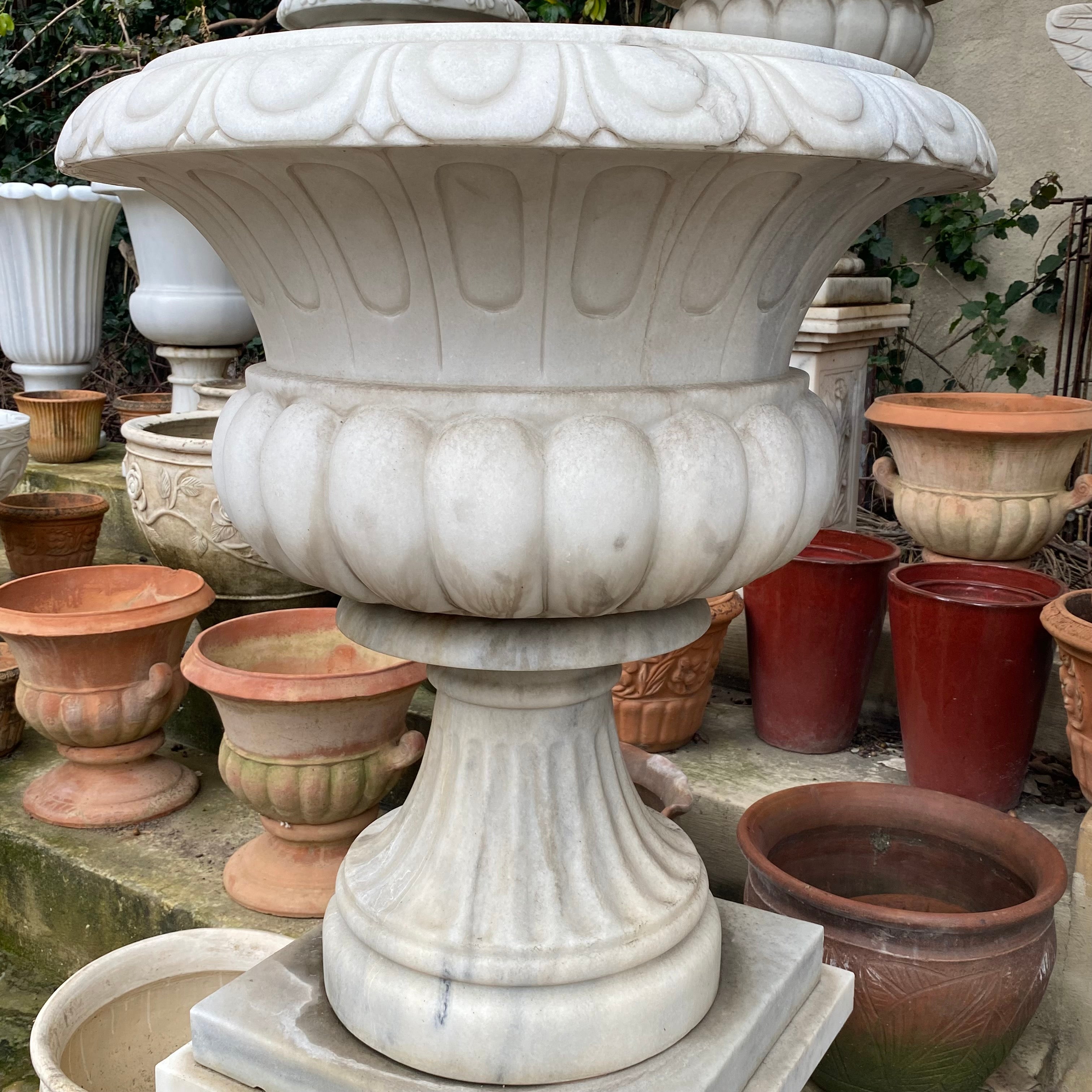 Pair of Heavy White Marble Urn with Wide Rim