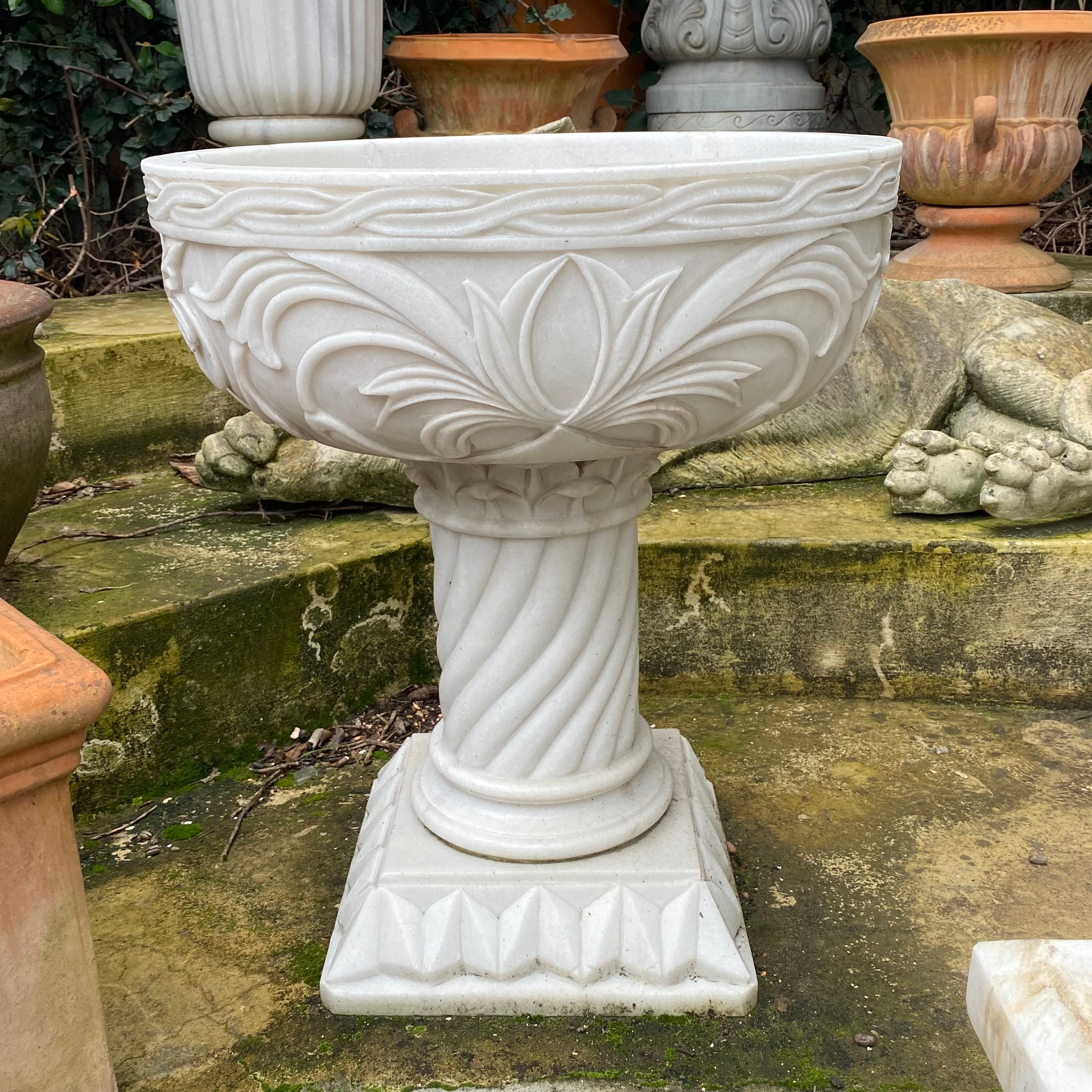 Pair of Beautifully Carved Heavy White Marble Urns