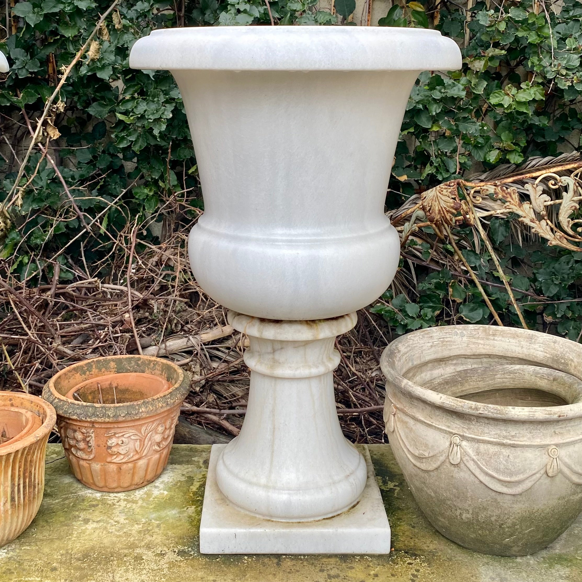 Pair of Simple Heavy White Marble Urns