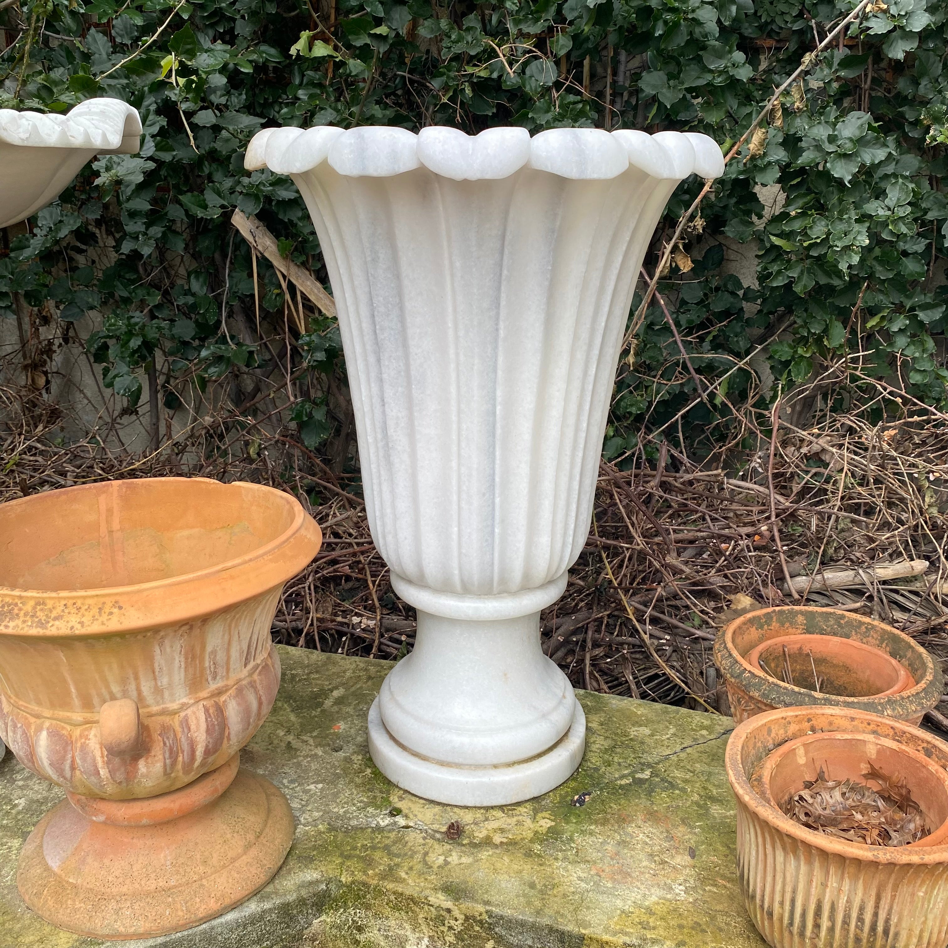Fluted Agapanthus White Marble Urn with Grey Vein
