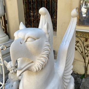 Pair of Carved White Marble Gryphons