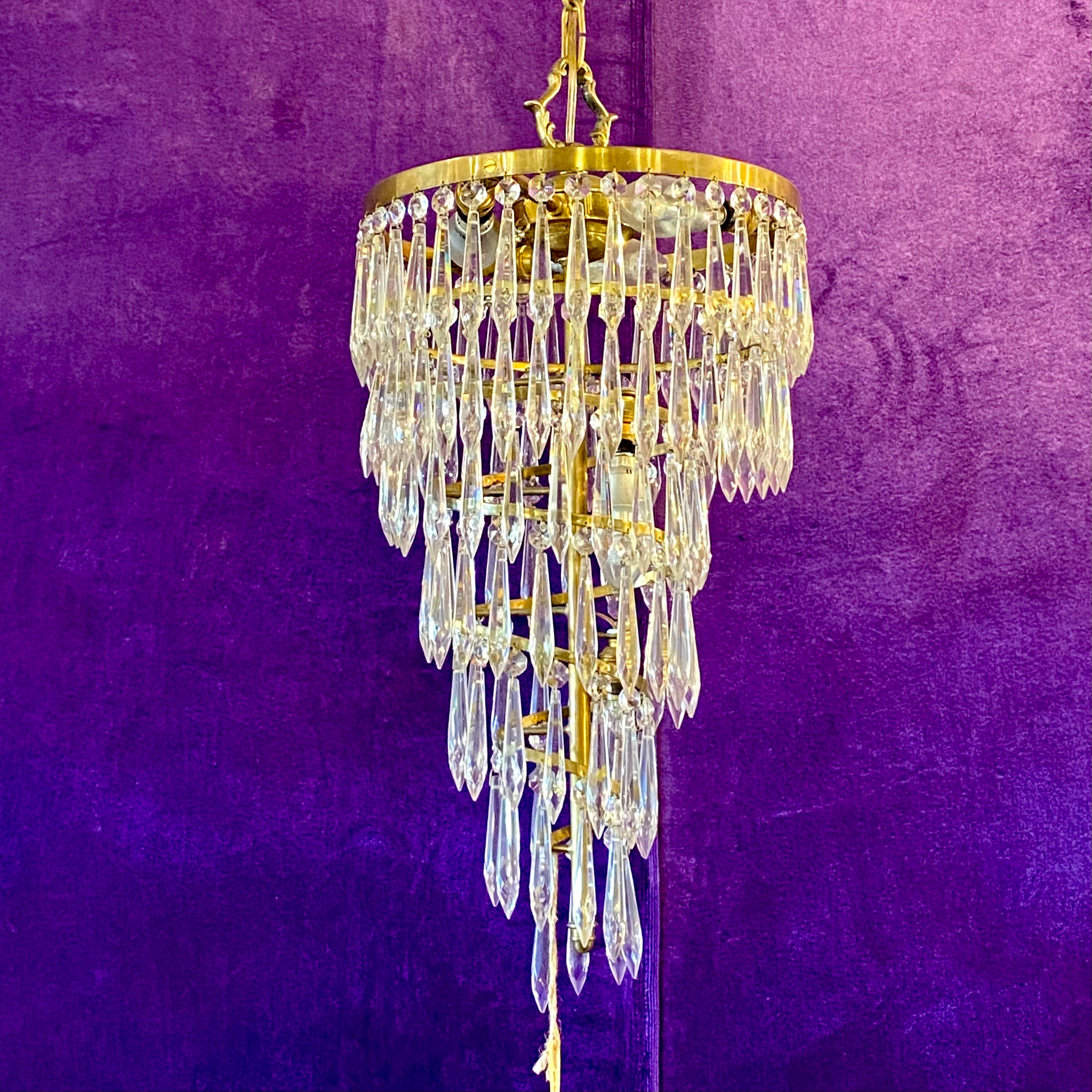 Cascading Brass and Crystal Waterfall Chandelier
