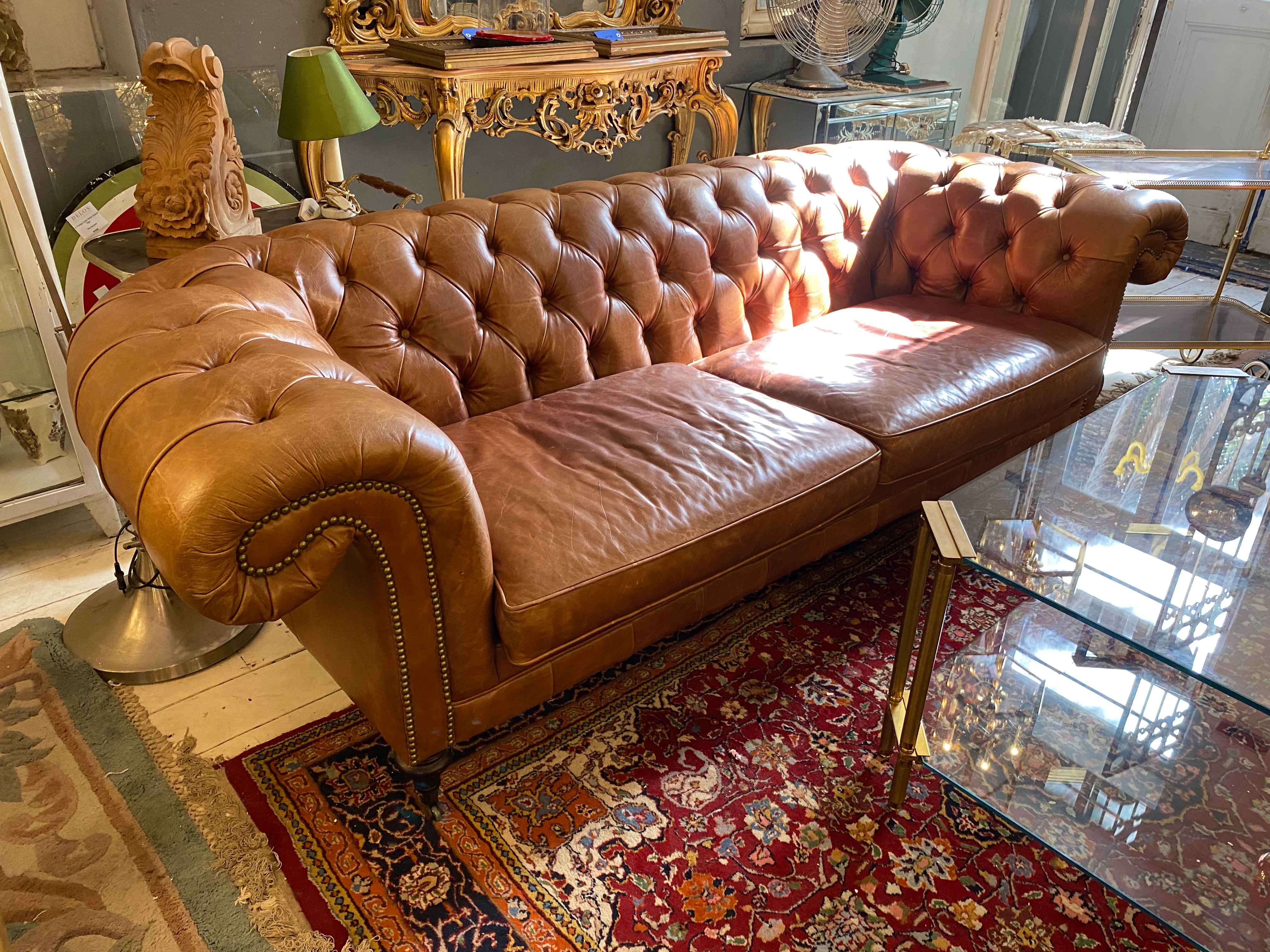 Vintage Leather Chesterfield Sofa with Brass Studs