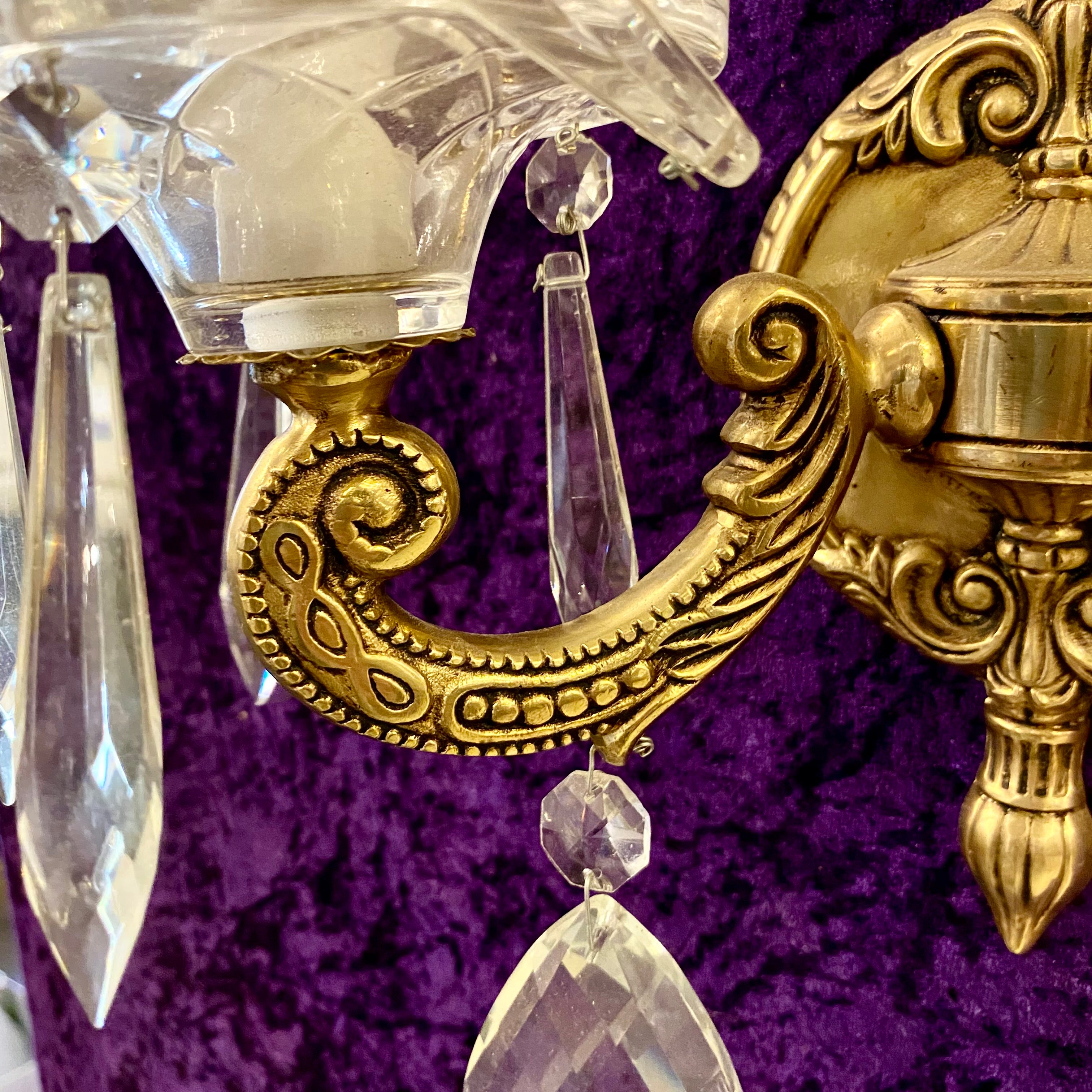 Beautiful Aged Cast Brass Wall Sconce with Crystal Drops - SOLD