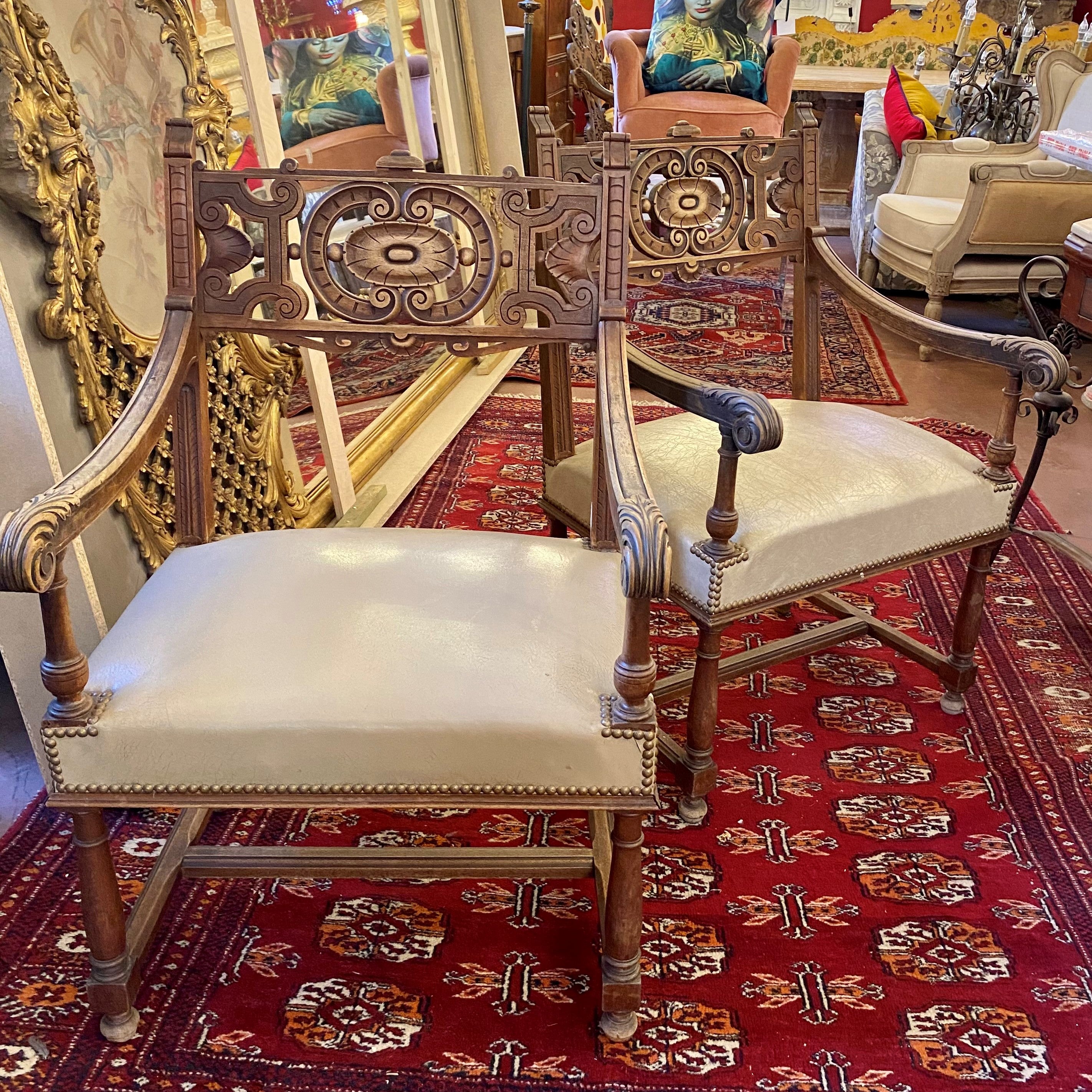 Antique Church Oak & Leather Chairs