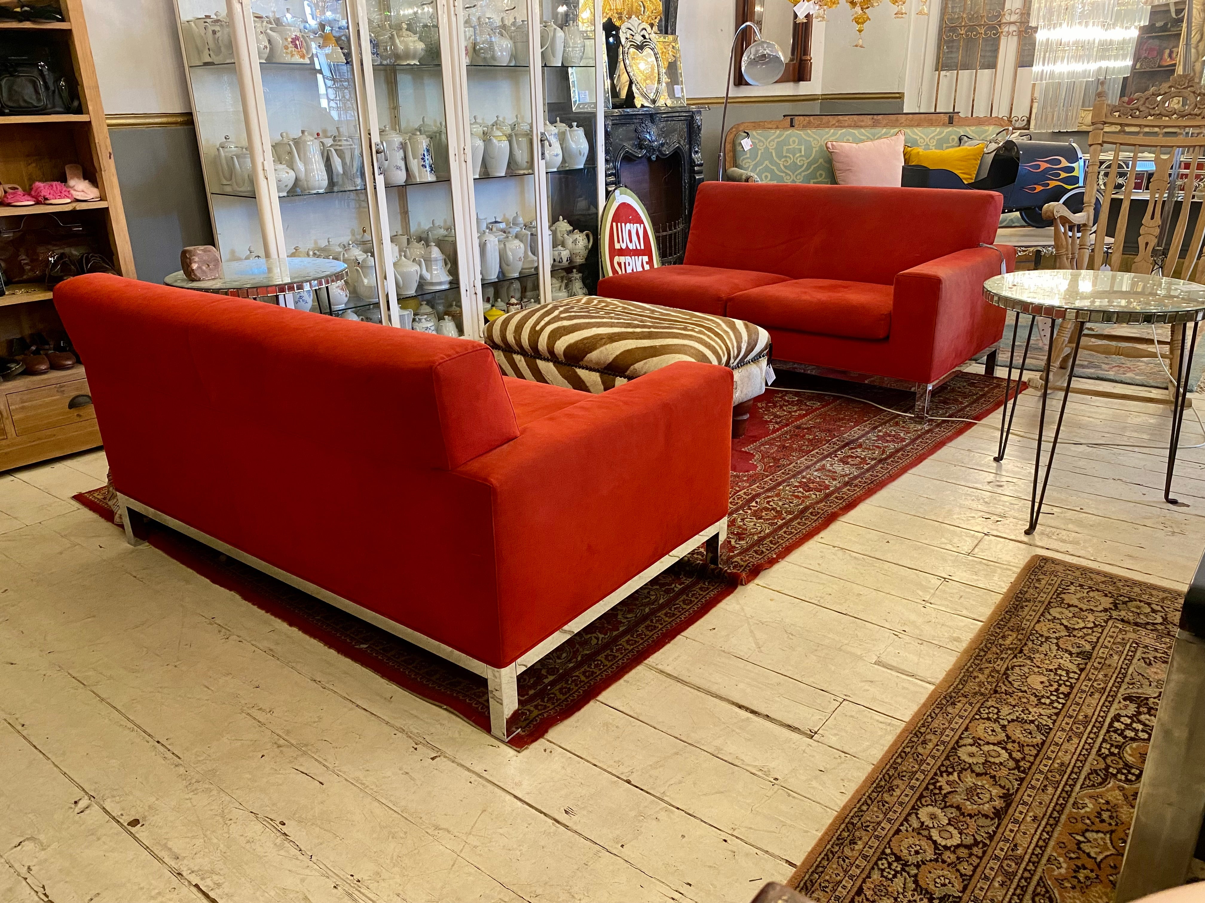 Red Suede Modular Two Piece Sofa by Minotti of Italy