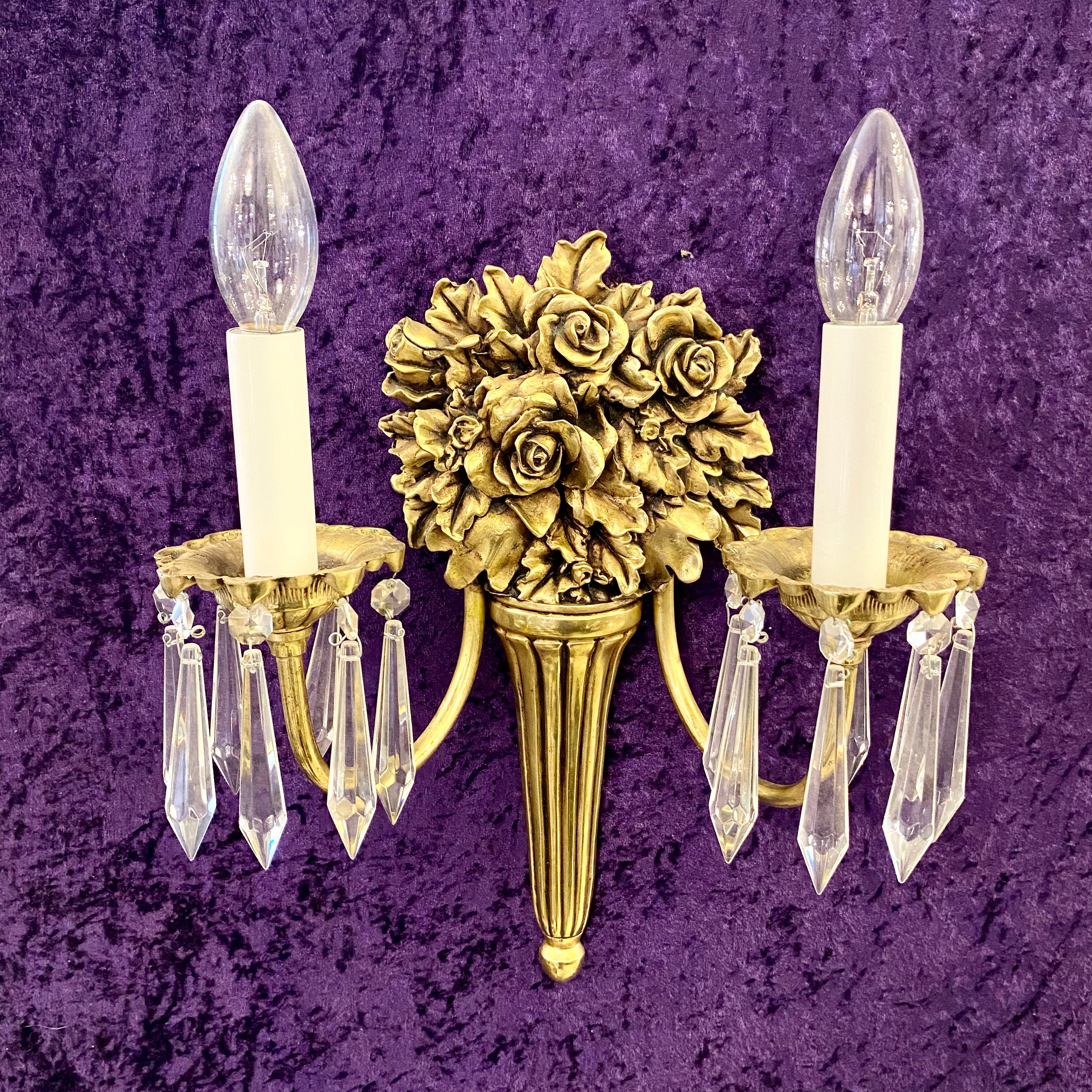 Elegant Brass & Crystal Rose Wall Sconces - SOLD