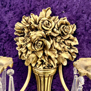 Elegant Brass & Crystal Rose Wall Sconces - SOLD