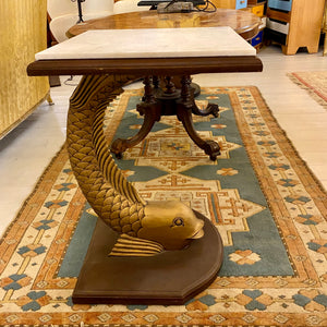 Wood Carved Fish Side Table with Marble Top