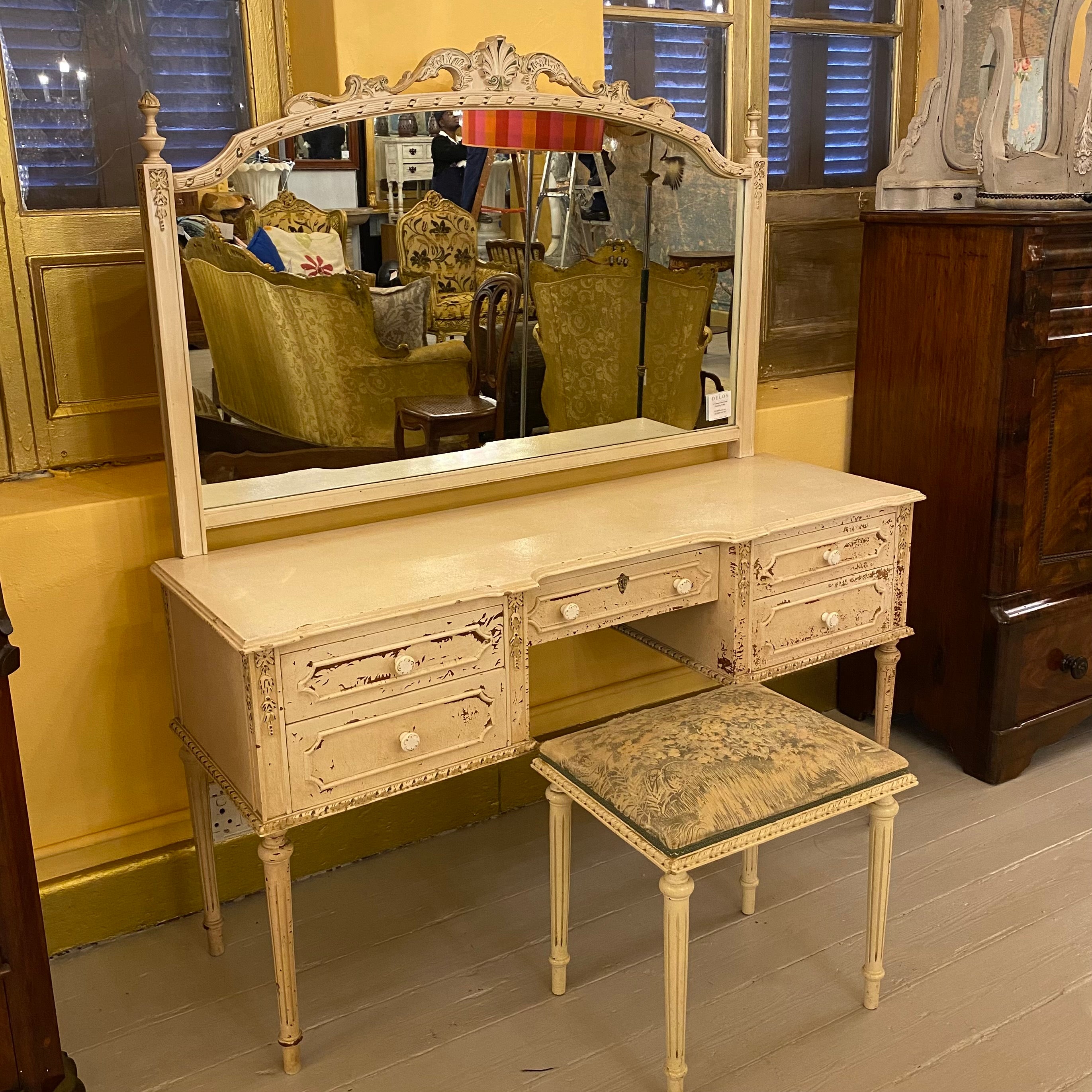 Vintage Distressed Dressing Table with Stool