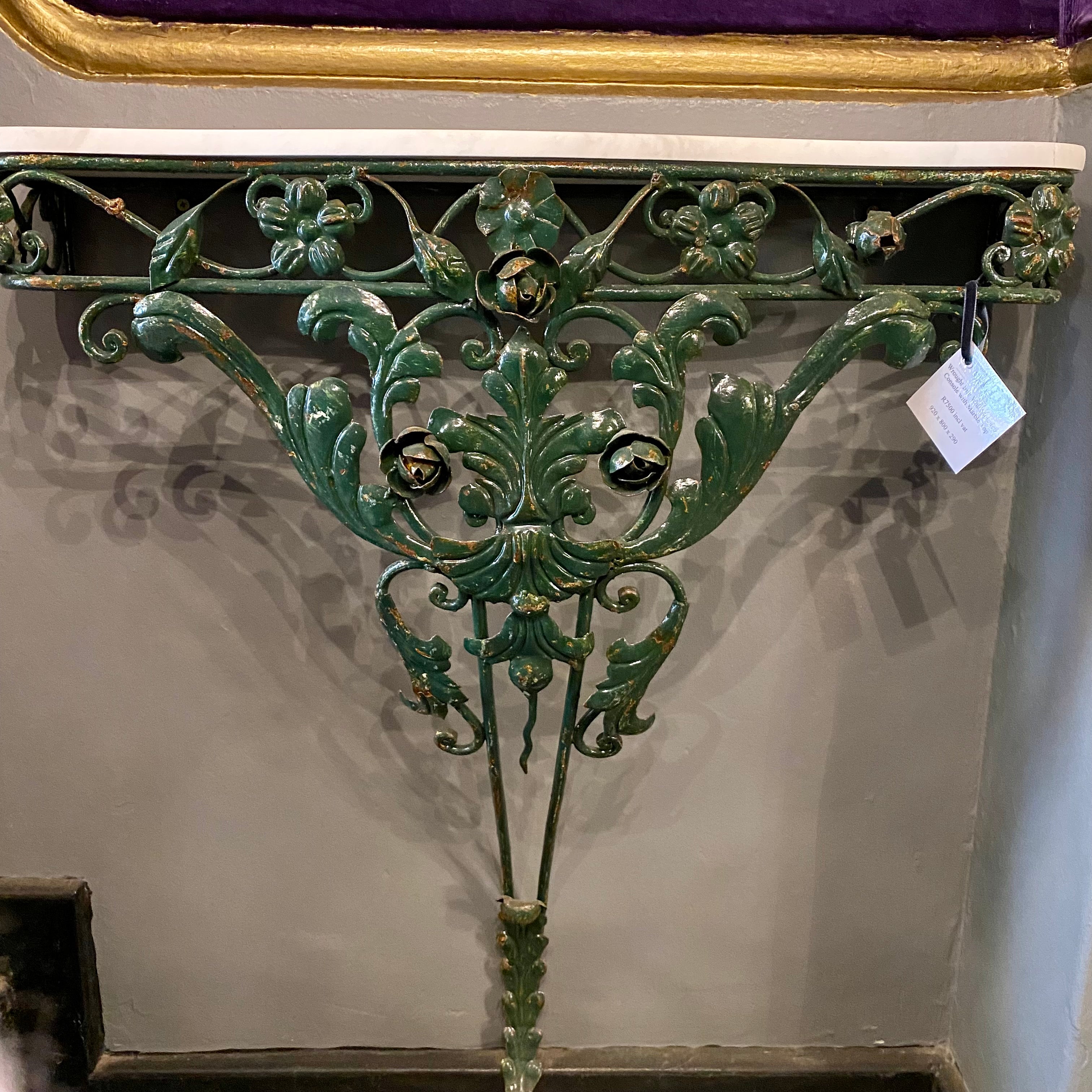 Bottle Green Wrought Iron Console with Marble Top