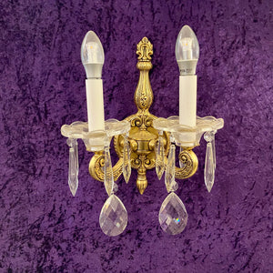 Beautiful Aged Cast Brass Wall Sconce with Crystal Drops