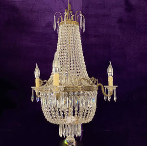 Beautiful Aged Brass and Crystal Neoclassical Chandelier