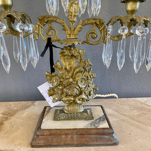 Antique Brass & Crystal Candelabra with Marble Base
