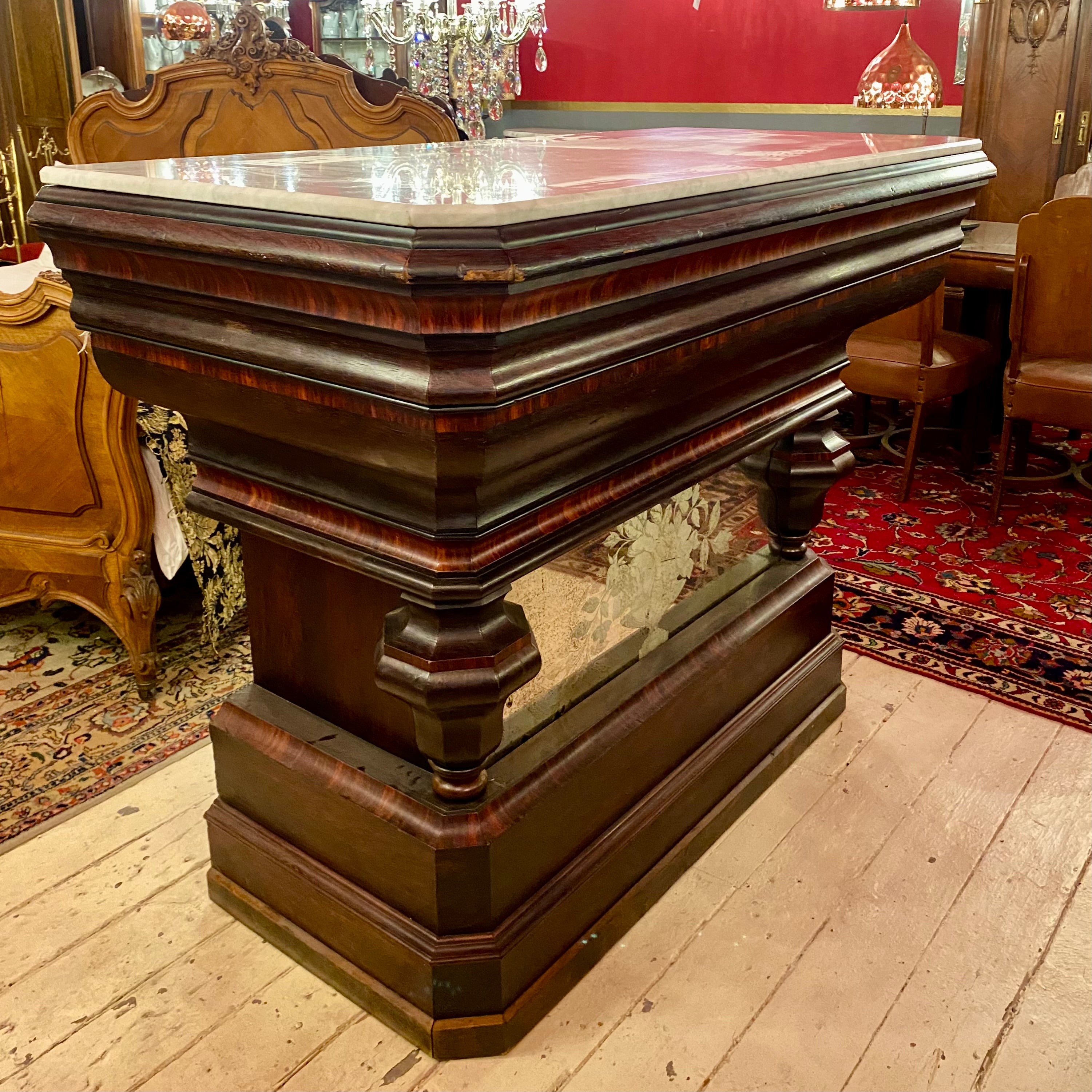 Early 20th Century Mahogany Bar with Marble Top & Detailed Mirror - SOLD