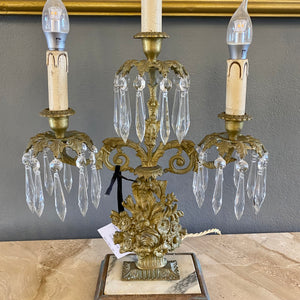 Antique Brass & Crystal Candelabra with Marble Base