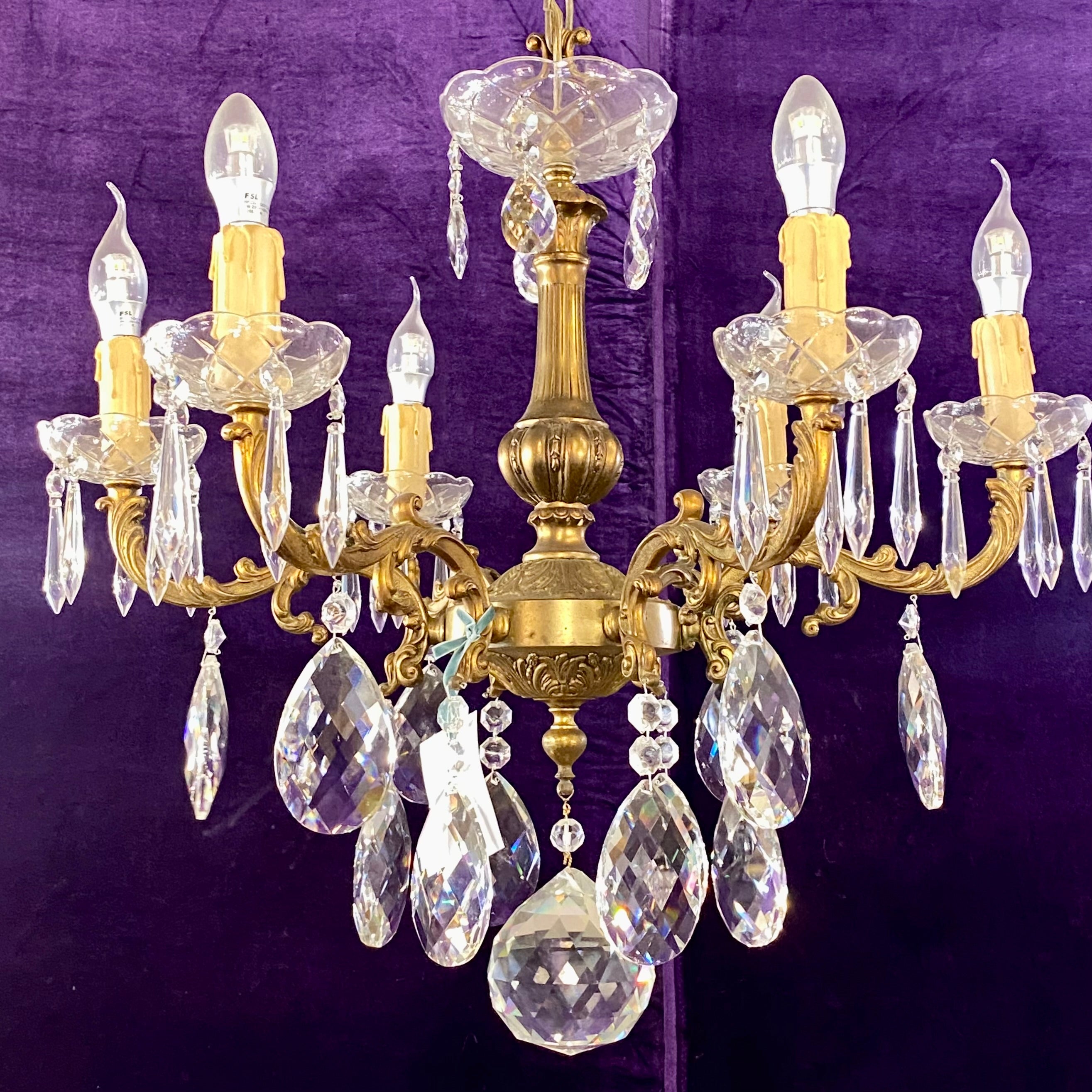 Antique French Brass & Crystal Chandelier with Tear Drop Crystals