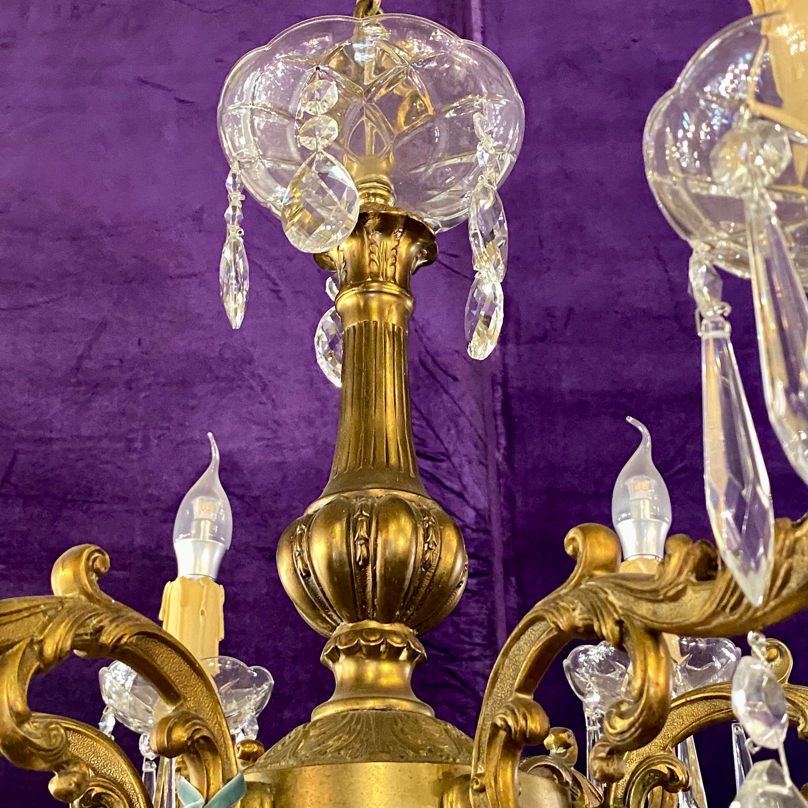 Antique French Brass & Crystal Chandelier with Tear Drop Crystals