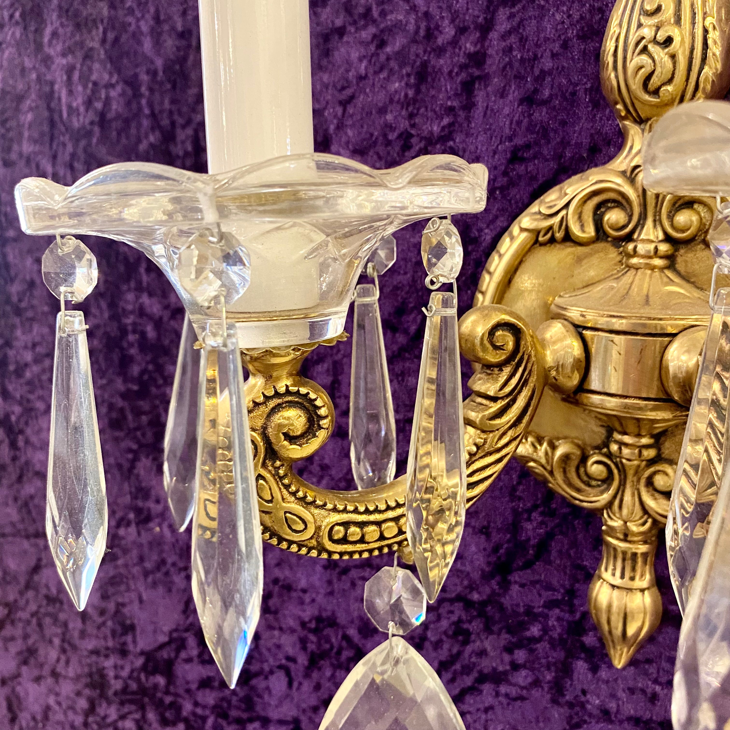 Beautiful Aged Cast Brass Wall Sconce with Crystal Drops - SOLD