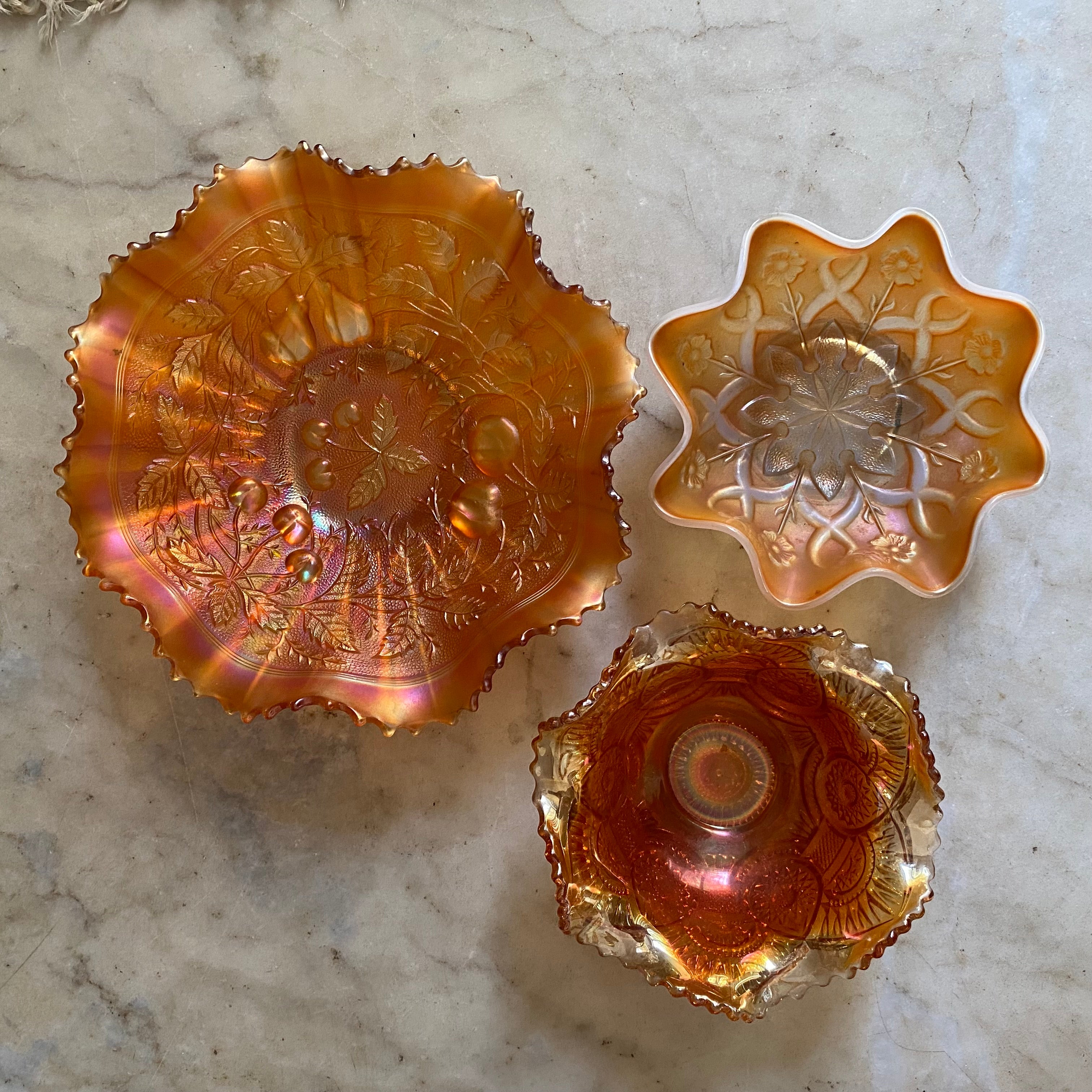Set of Orange Carnival Glass Dishes