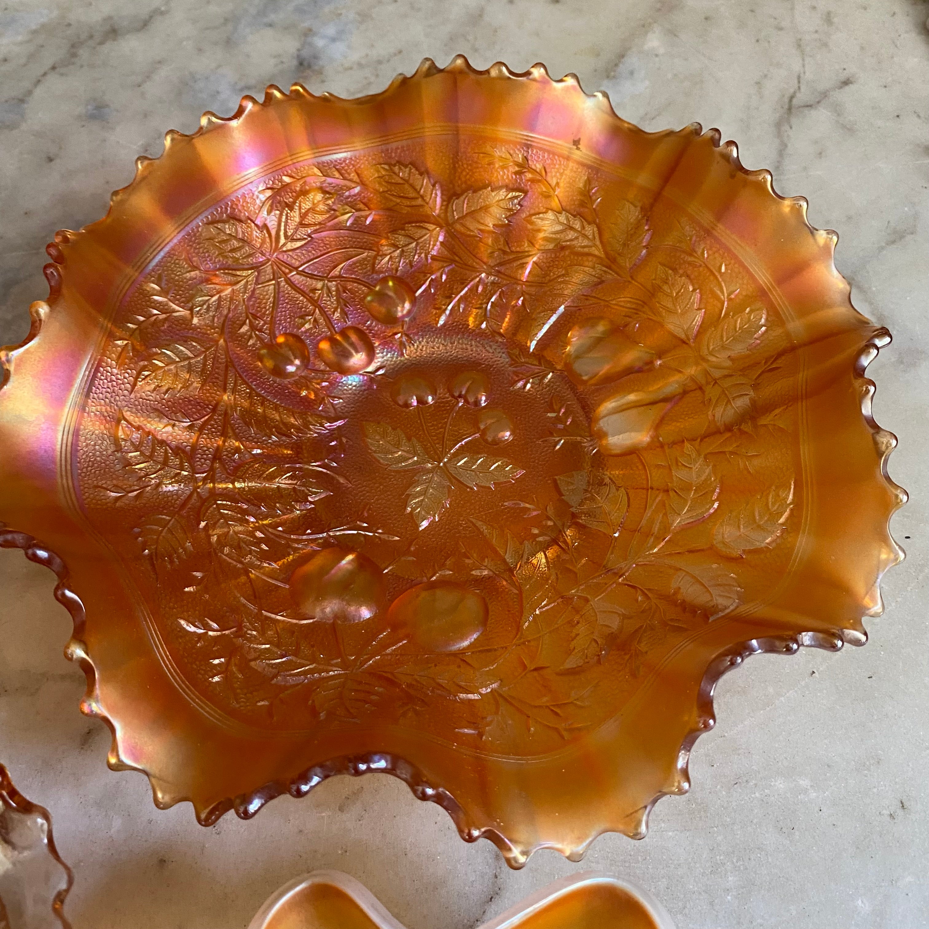 Set of Orange Carnival Glass Dishes
