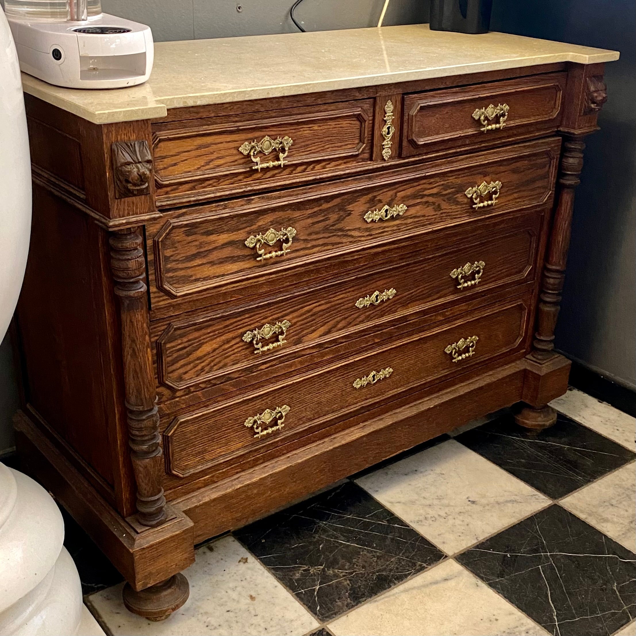 Beautiful Antique Oak Cabinet with Creme Marble Top