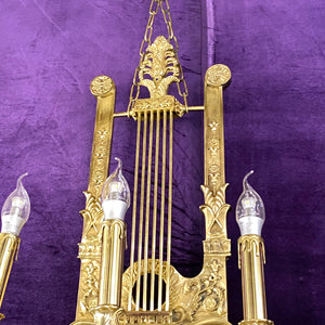 Unusual Heavy Cast Brass Harp Wall Candelabras