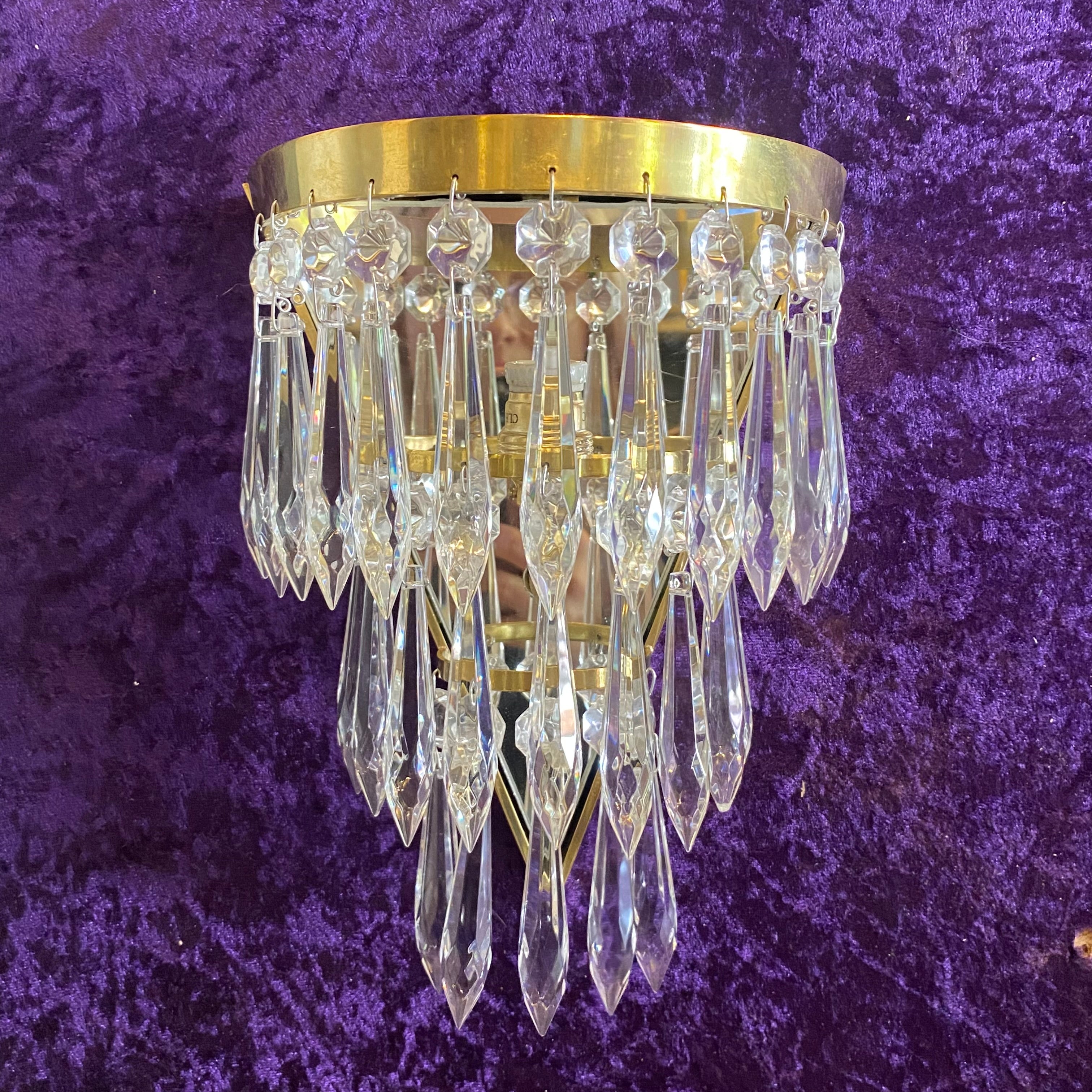 Polished Brass & Crystal Waterfall Sconce