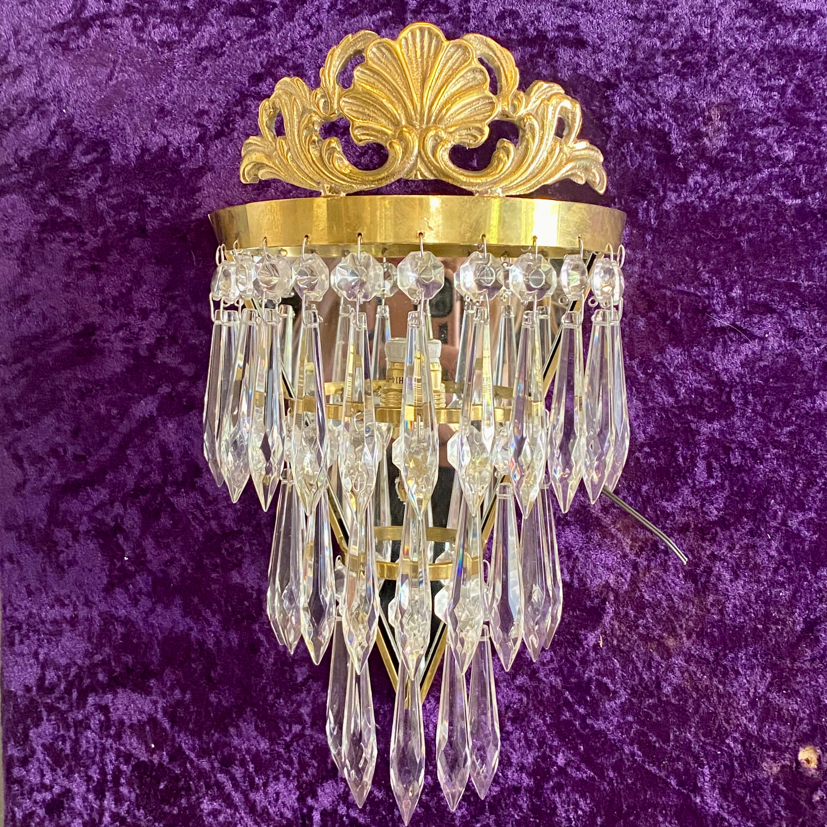 Brass & Crystal Waterfall Sconce with Scallop Detail