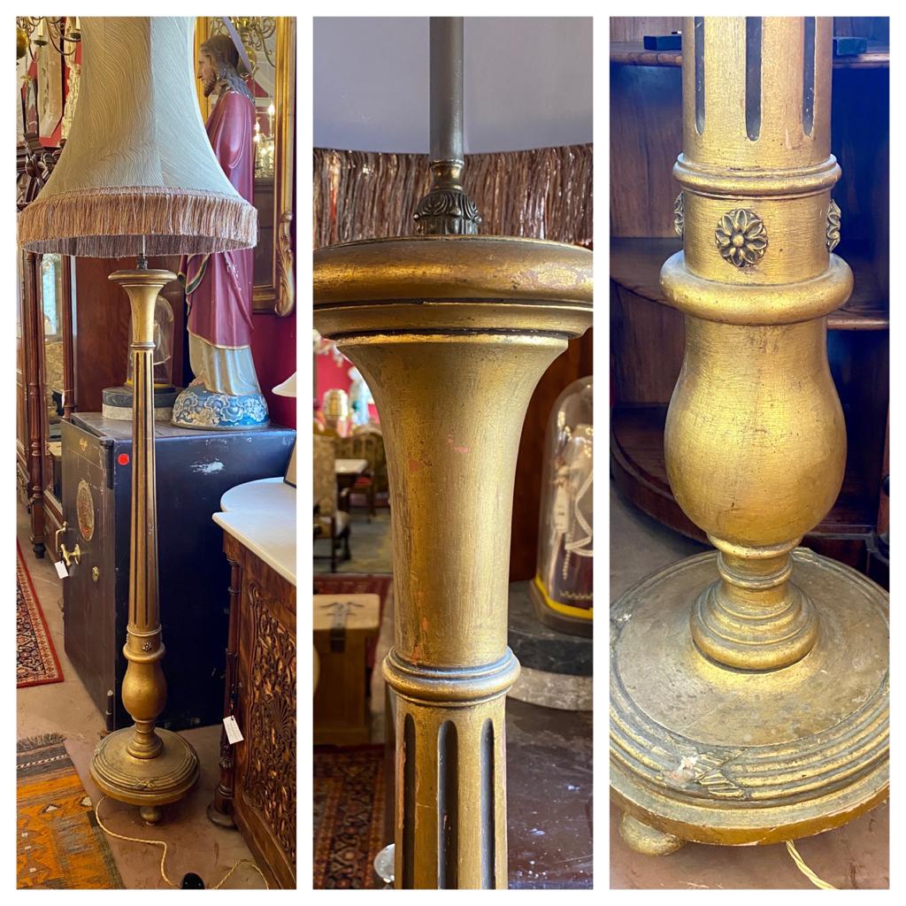 Heavy Wood Carved Standing Lamp with Aged Gold Finish